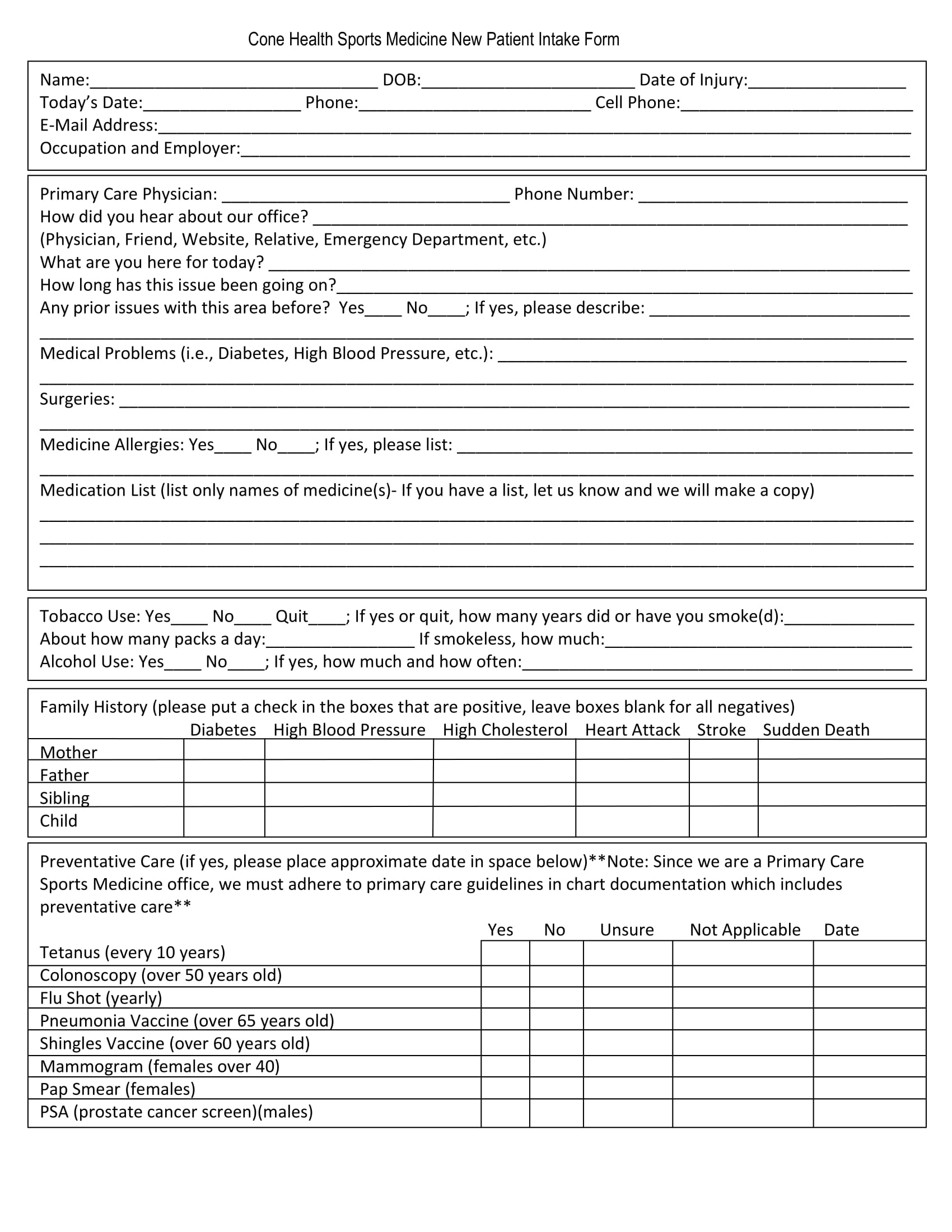 Printable Patient Intake Form 