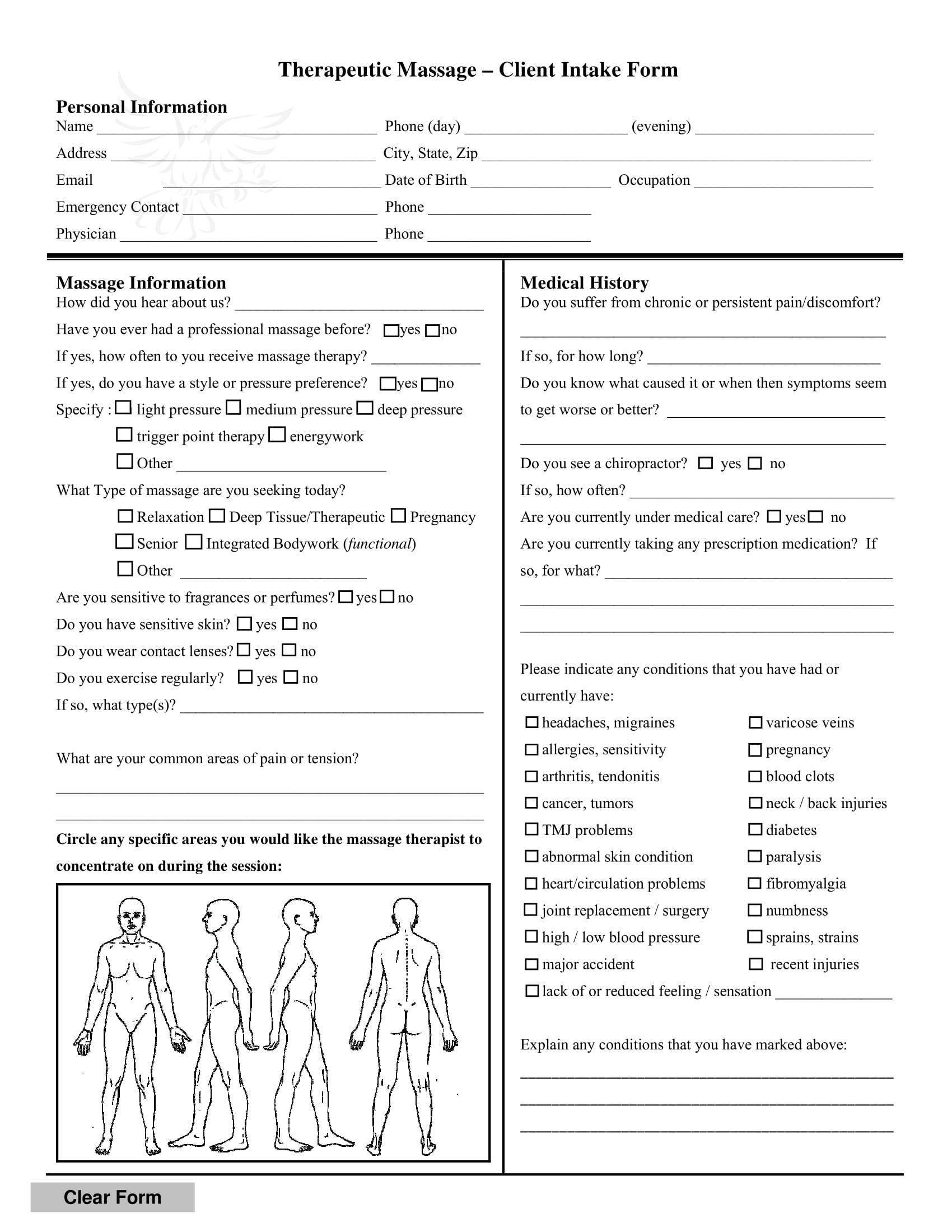 Legal Client Intake Form / Massage Intake Form Fill and Sign