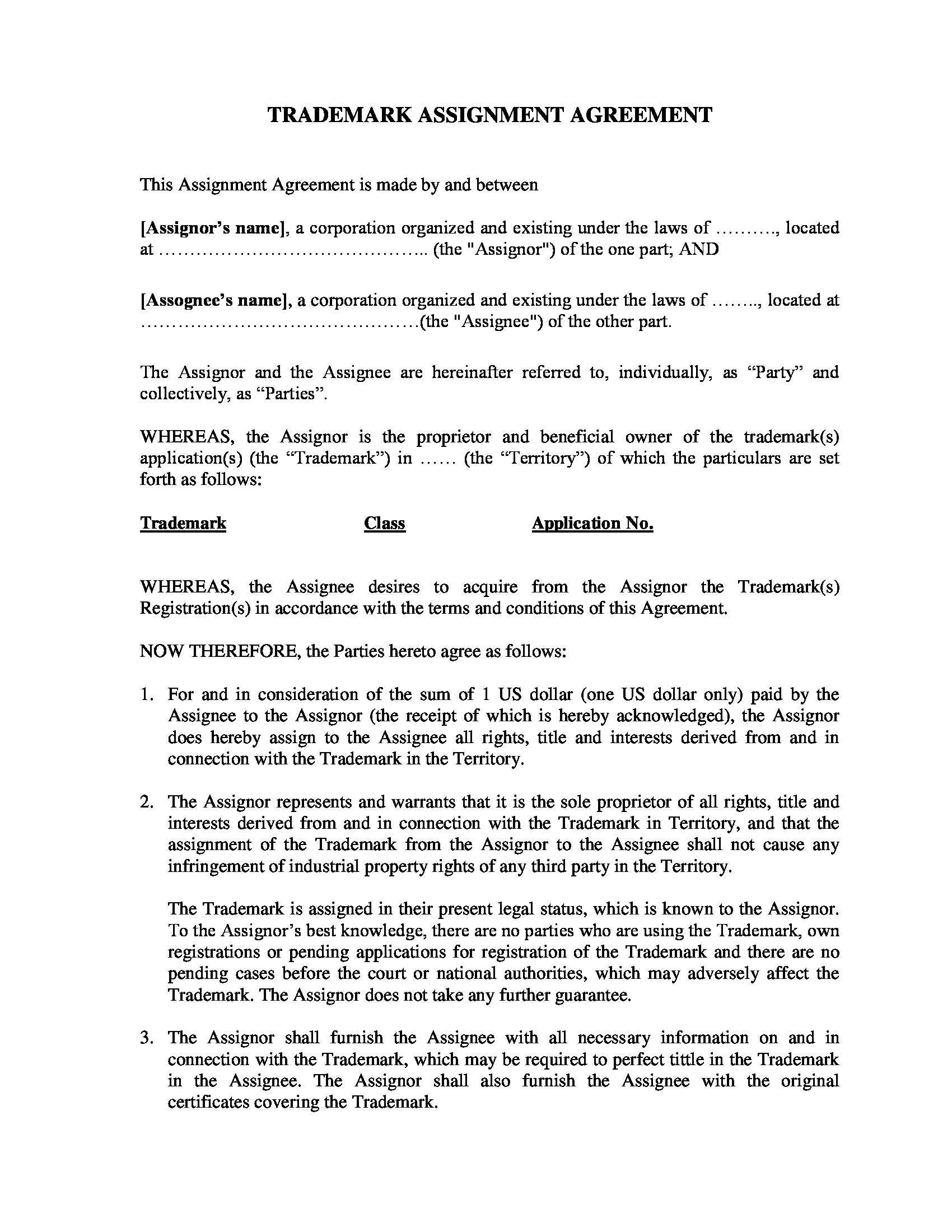 trademark assignment agreement form 1