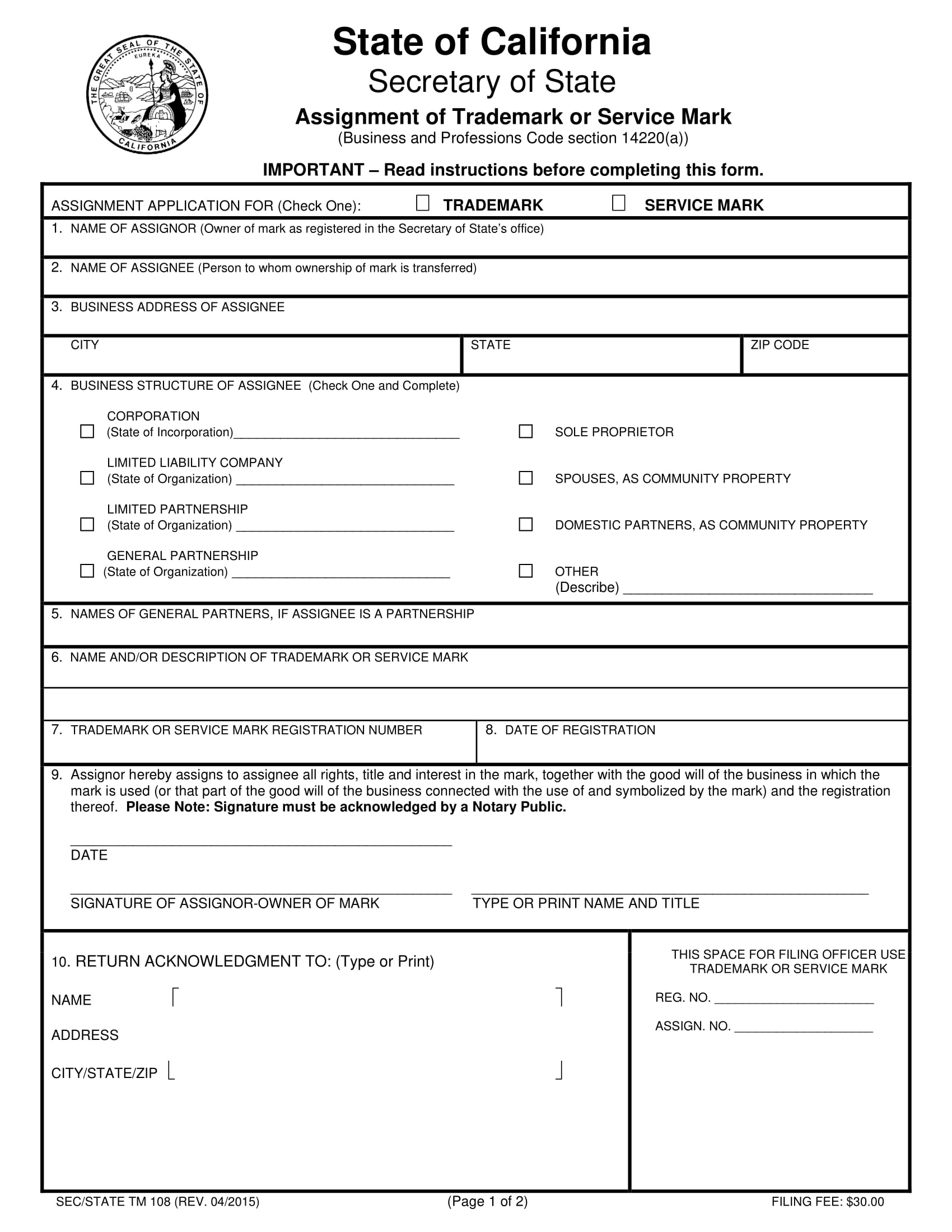 canada trademark assignment form