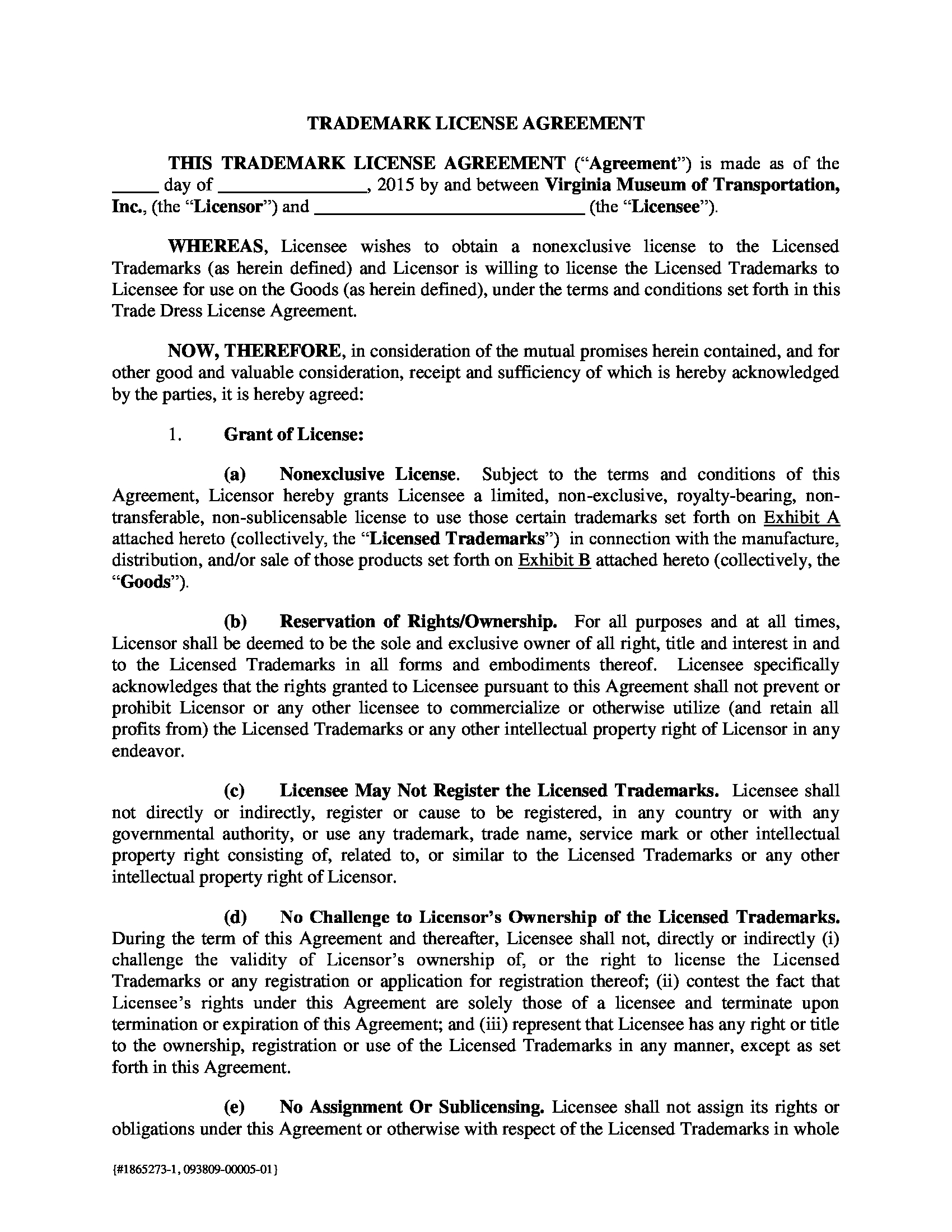 Trademark Agreement Template HQ Printable Documents