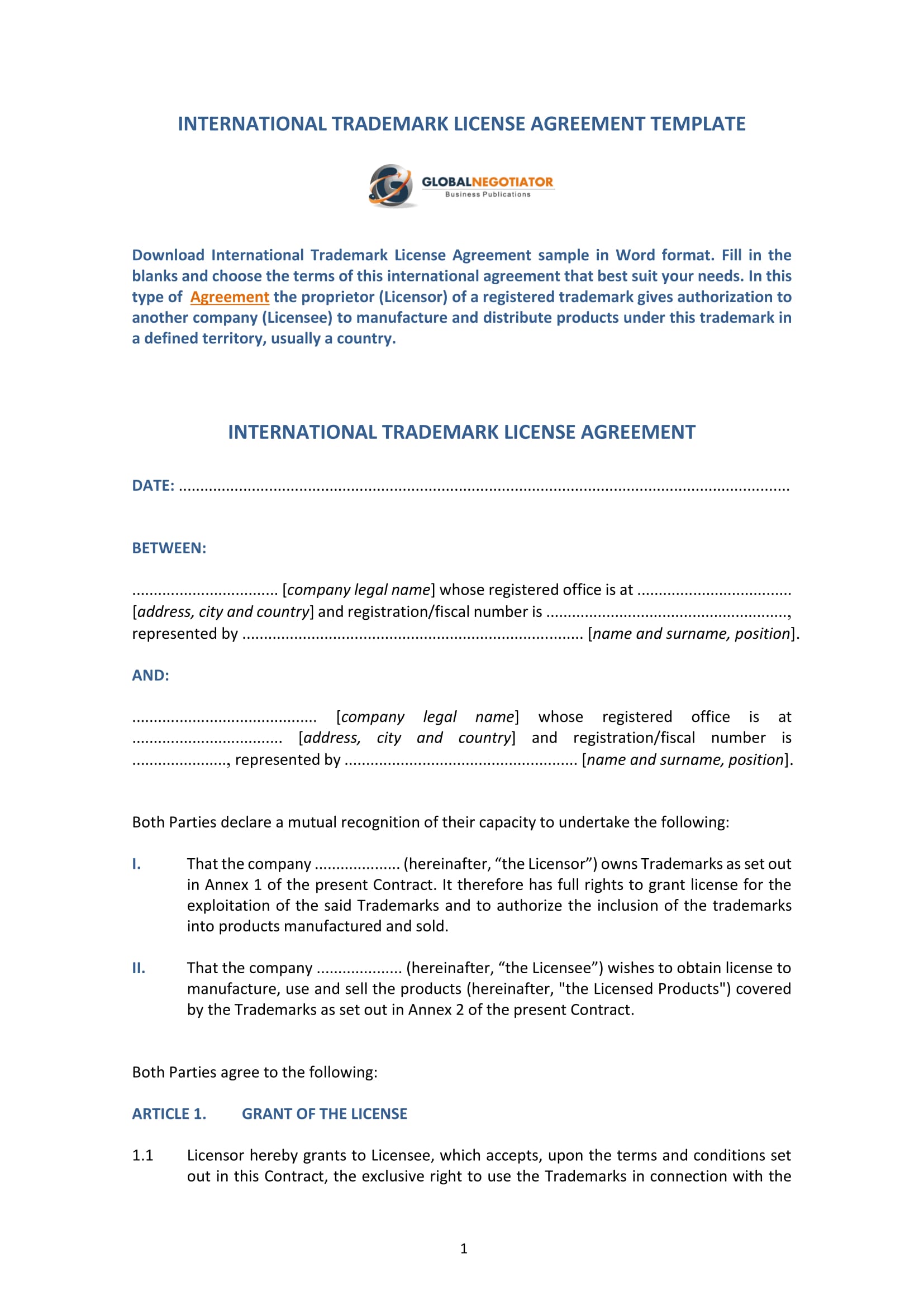 trademark license agreement form template 1