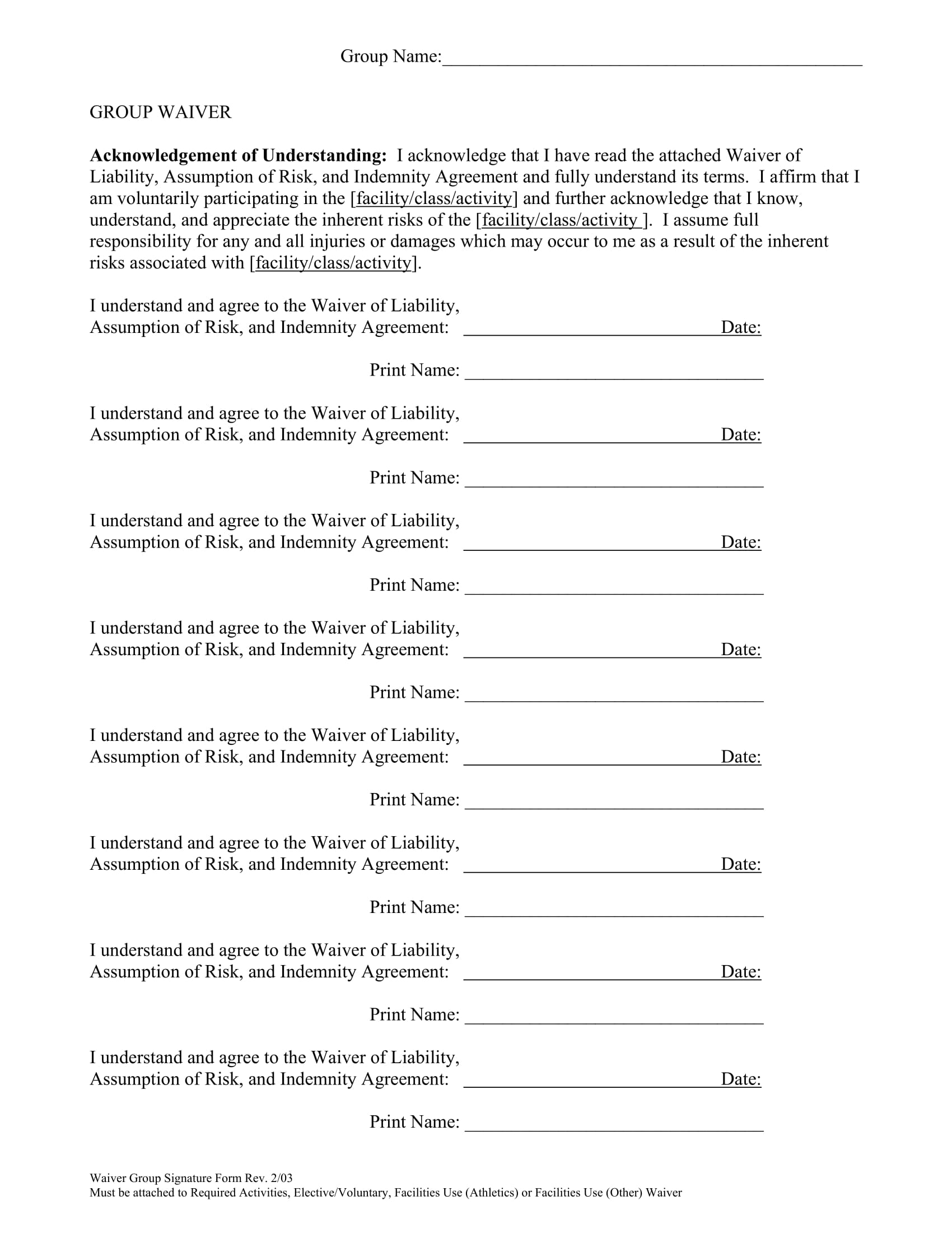 waiver of liability form for group 1