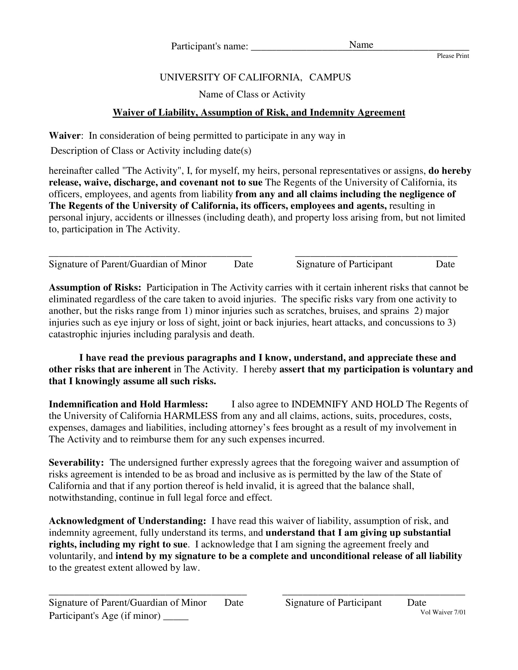 waiver of liability for participants form 1