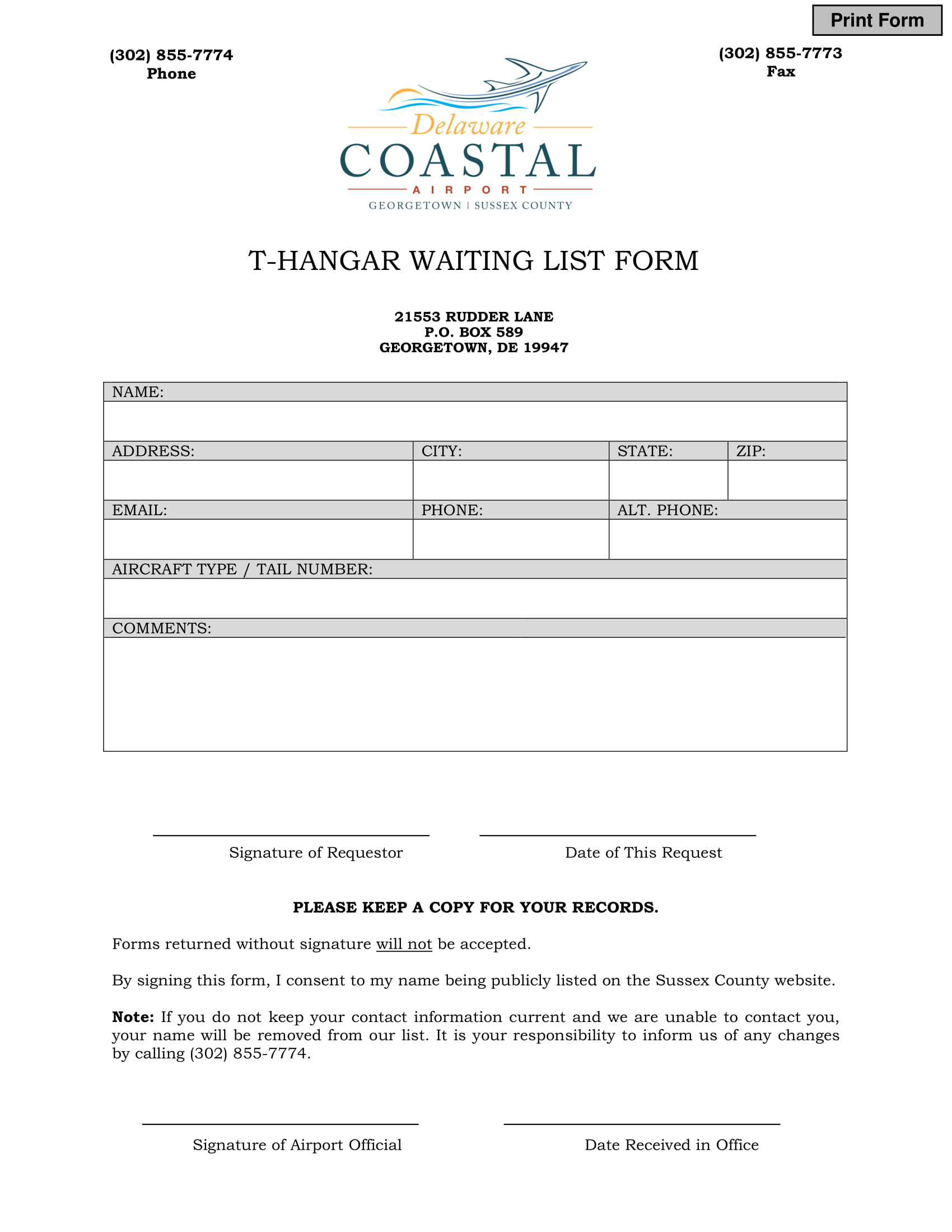 airport hangar waiting list form 1