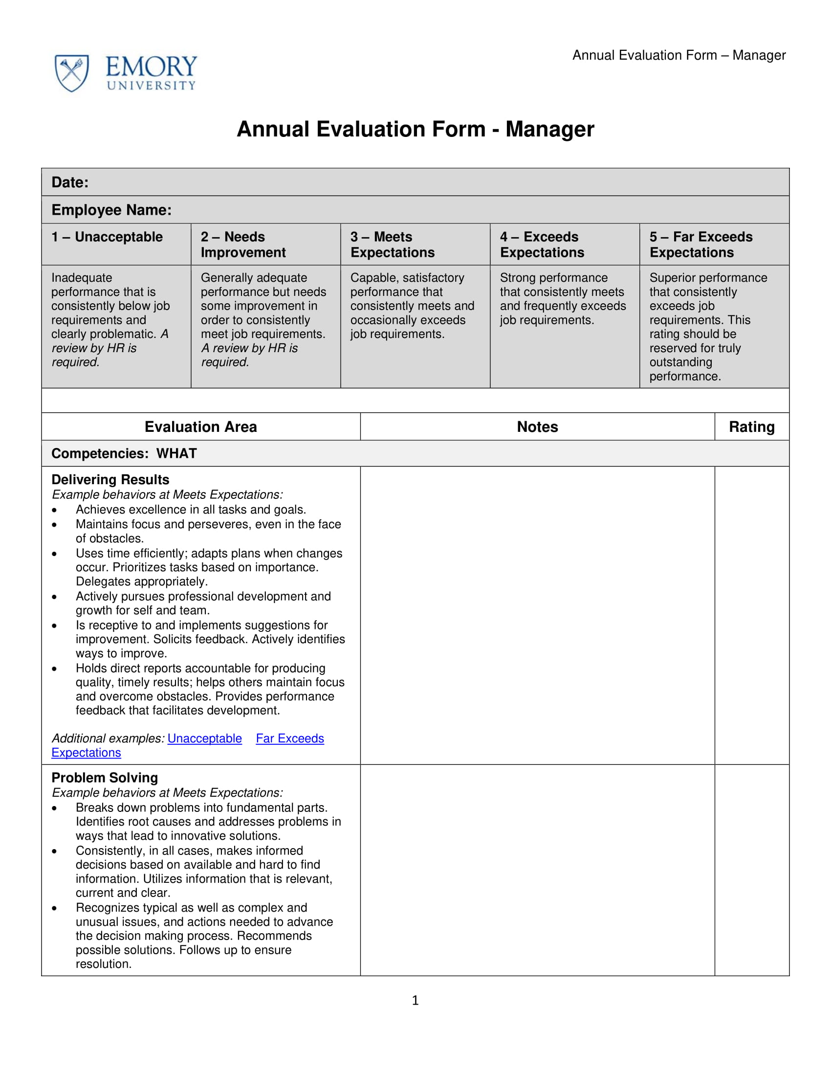 Manager Performance Evaluation Template   Annual Manager Evaluation Form 1 