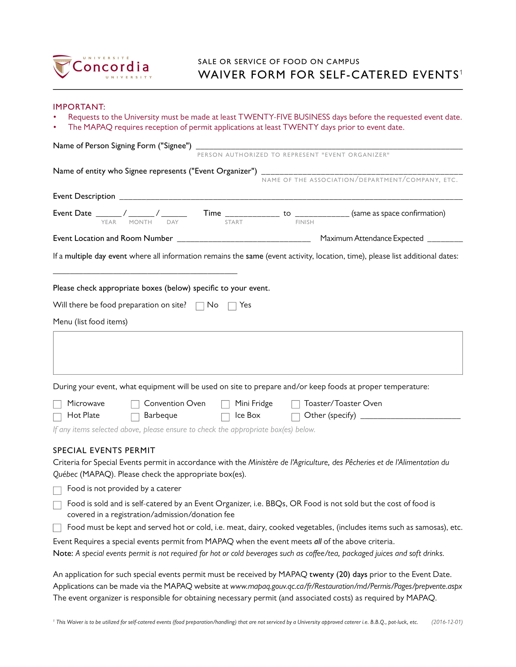 catering food waiver form 1