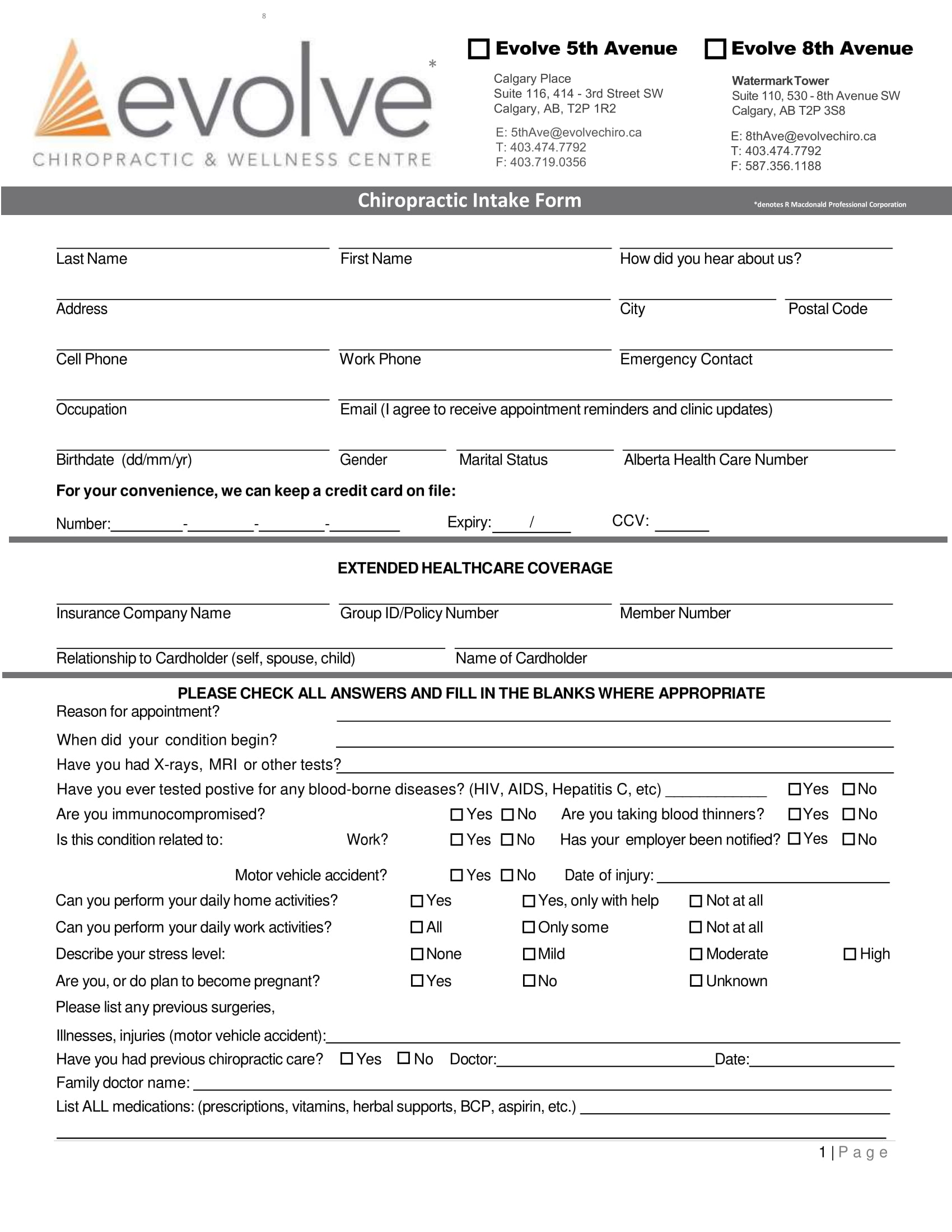 Chiropractic Patient Intake Form Template