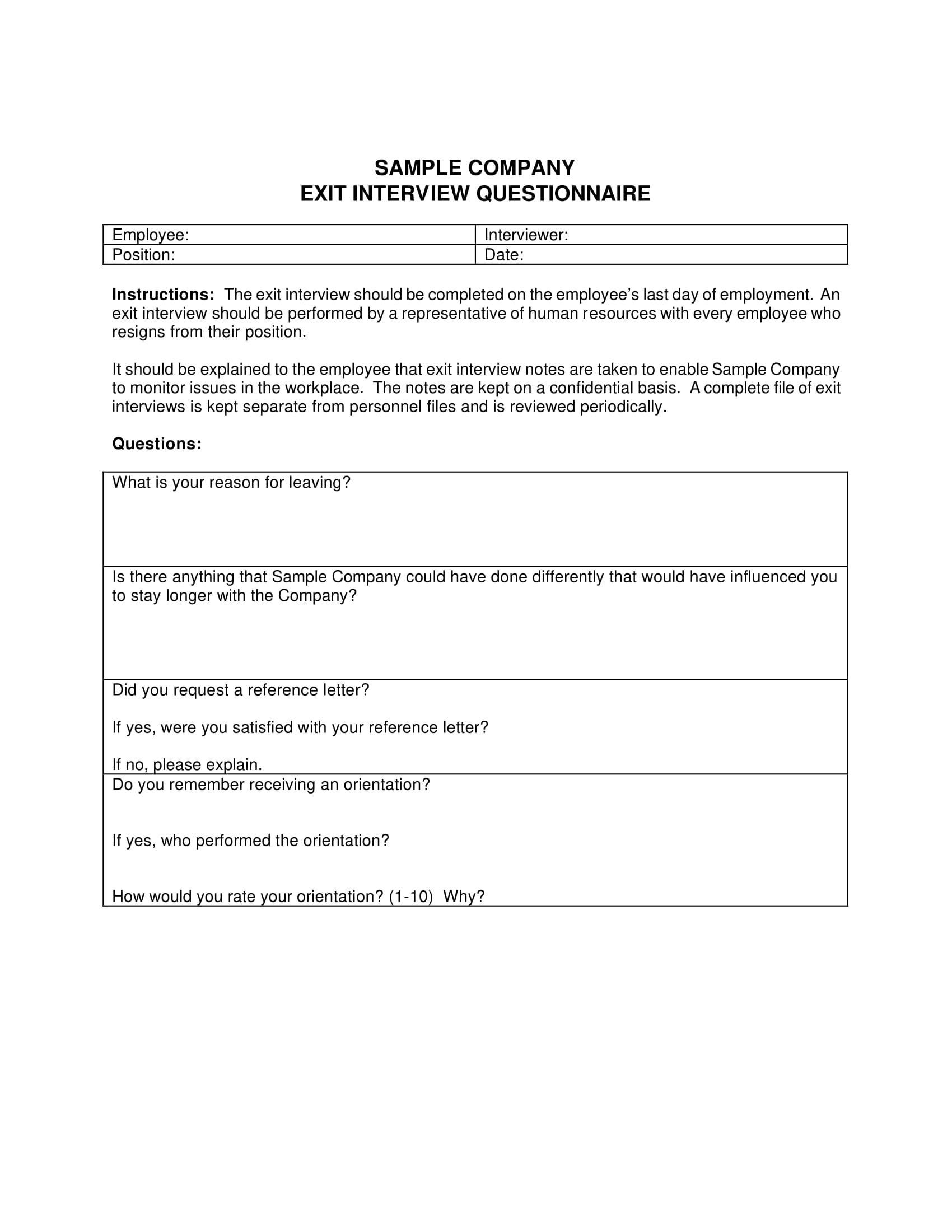 company exit interview questionnaire 1