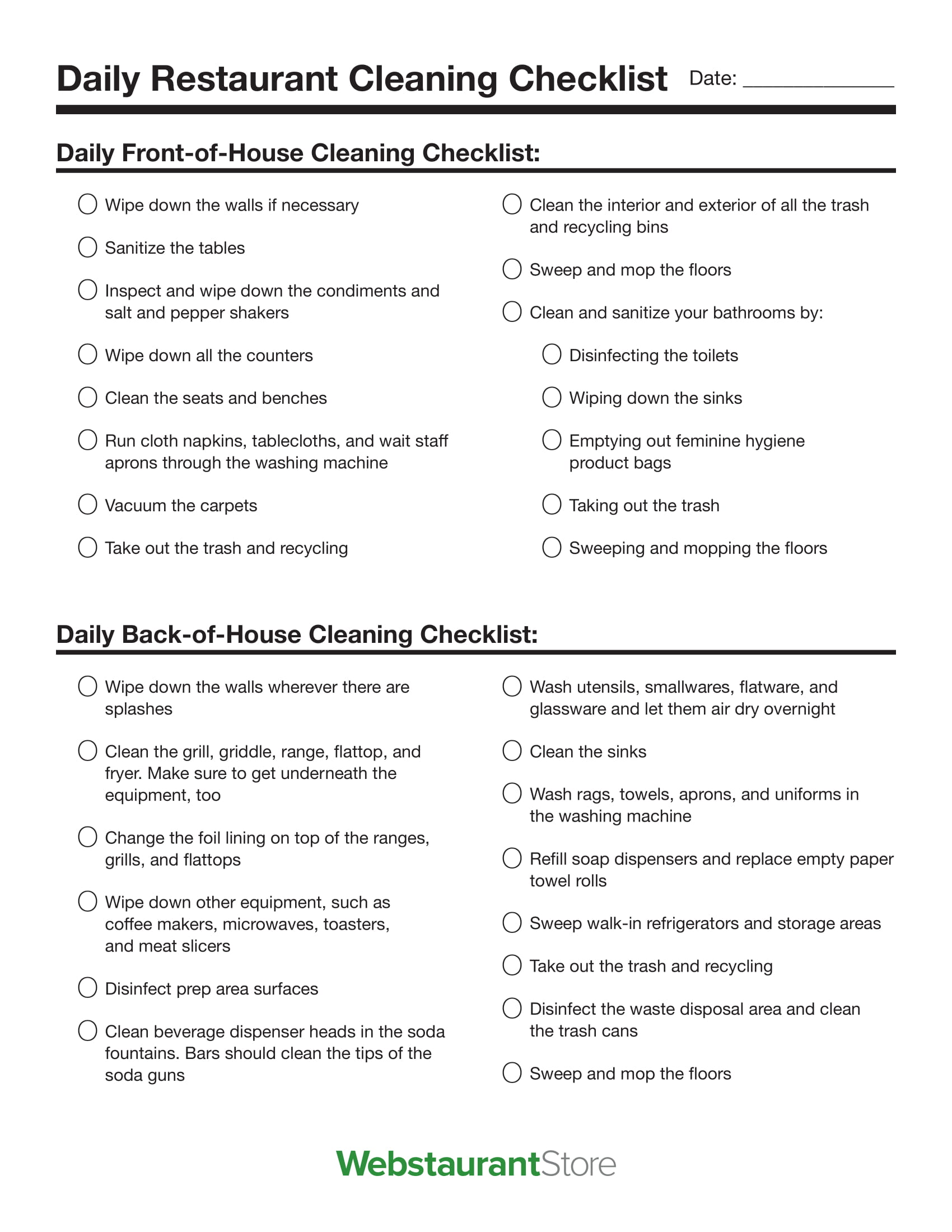 printable restaurant kitchen cleaning checklist