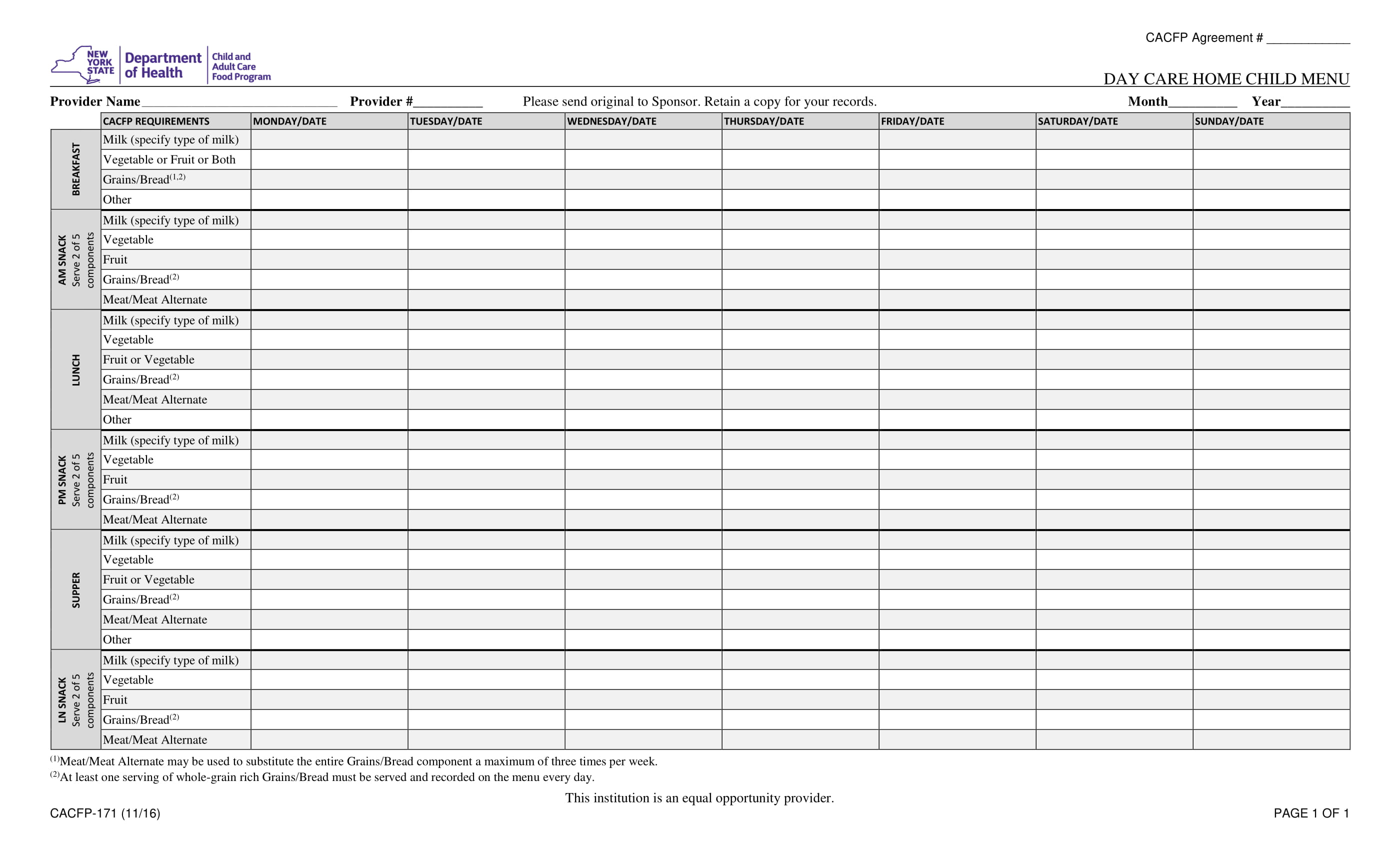 Printable Cacfp Menu Template Printable Blank World