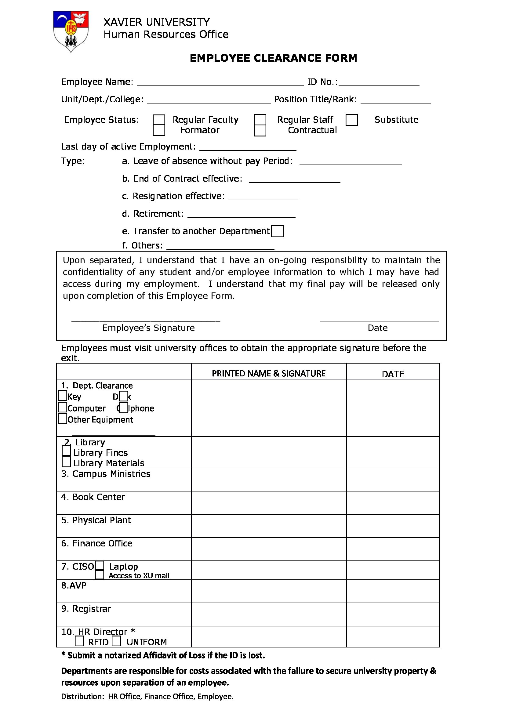 employee clearance form