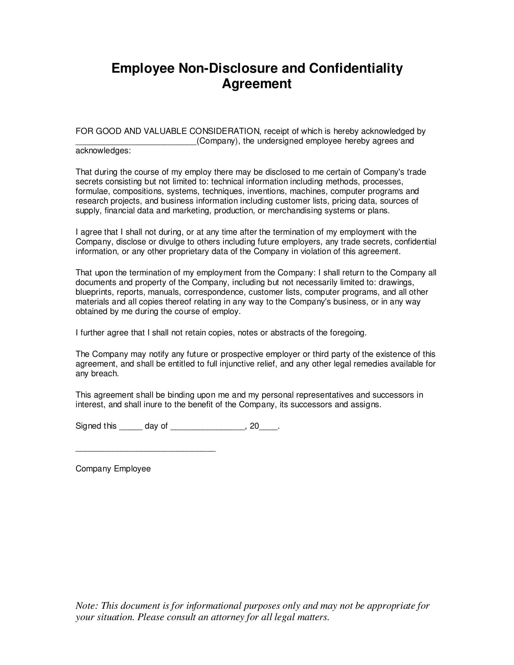 employee confidentiality agreement form 1