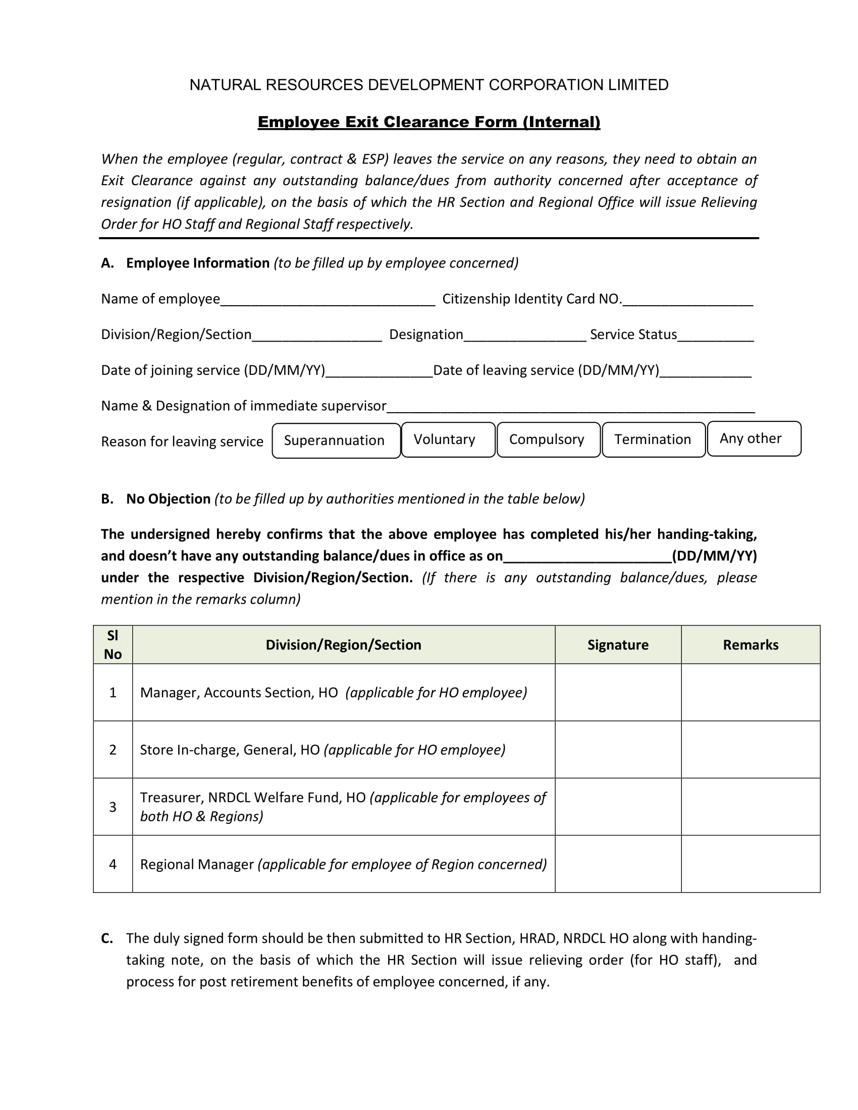 SAMPLE OF EMPLOYEE EXIT CLEARANCE FORM