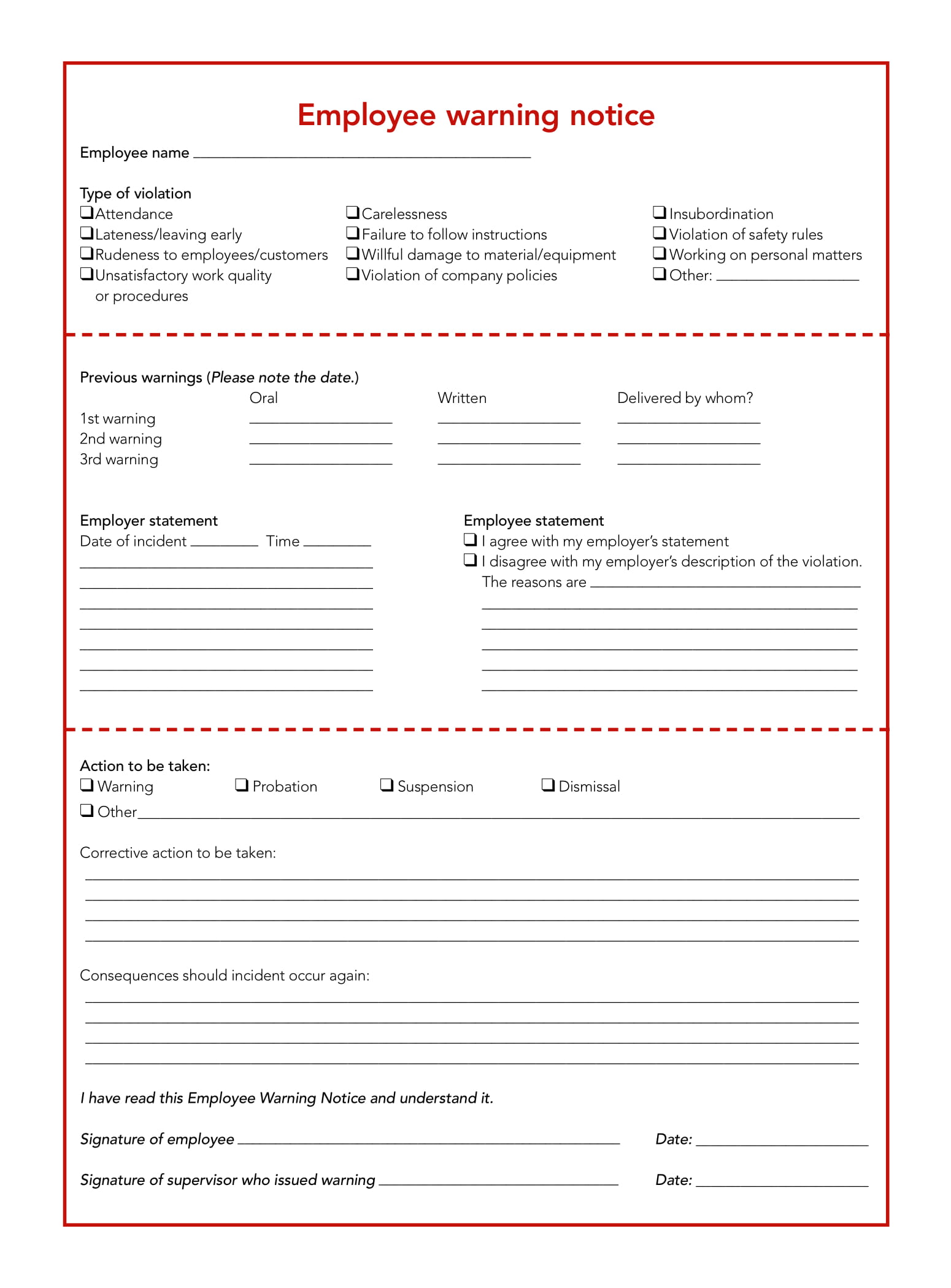 employee written warning notice form 1