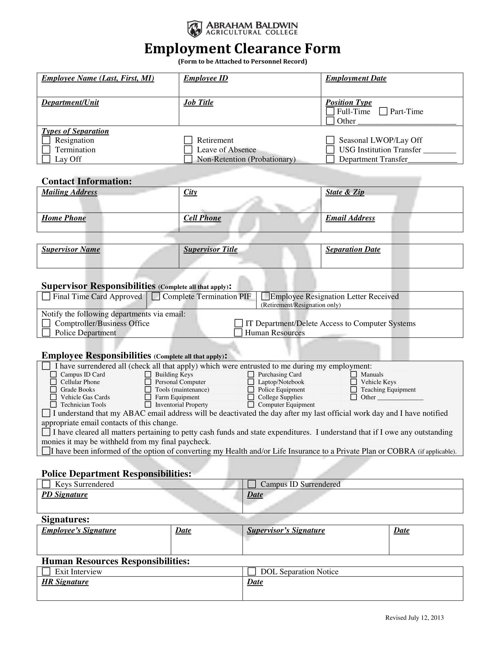 employment clearance form 1