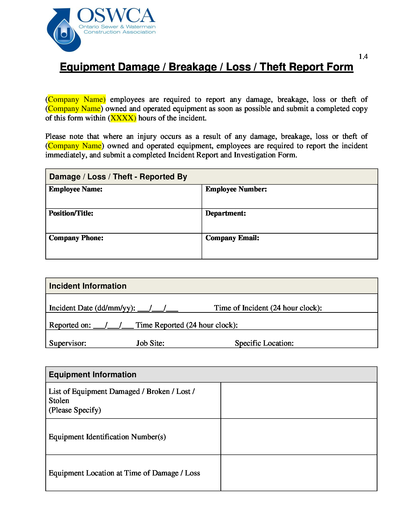 equipment damage or breakage report 1