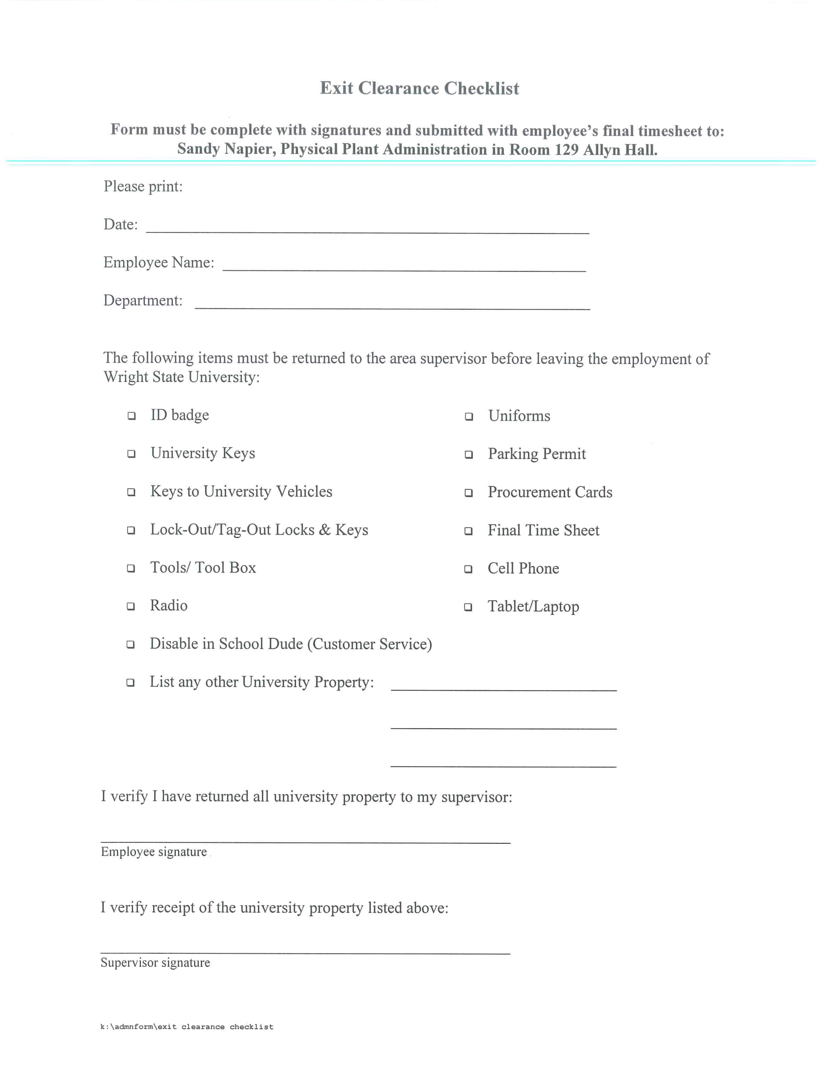 exit clearance checklist form 1