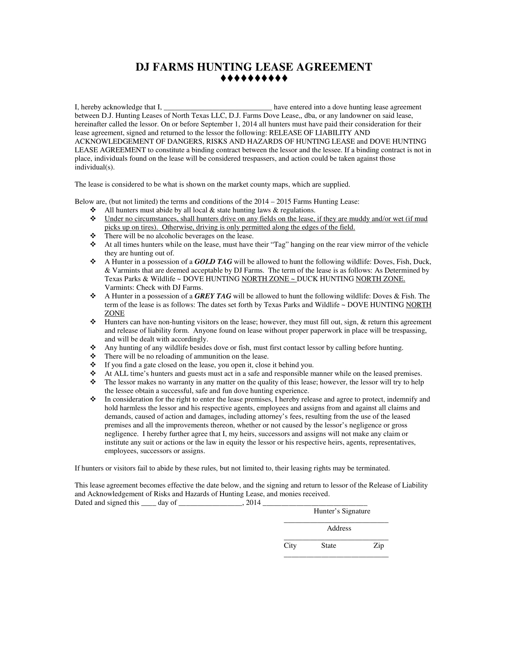 farm hunting lease agreement contract form 1