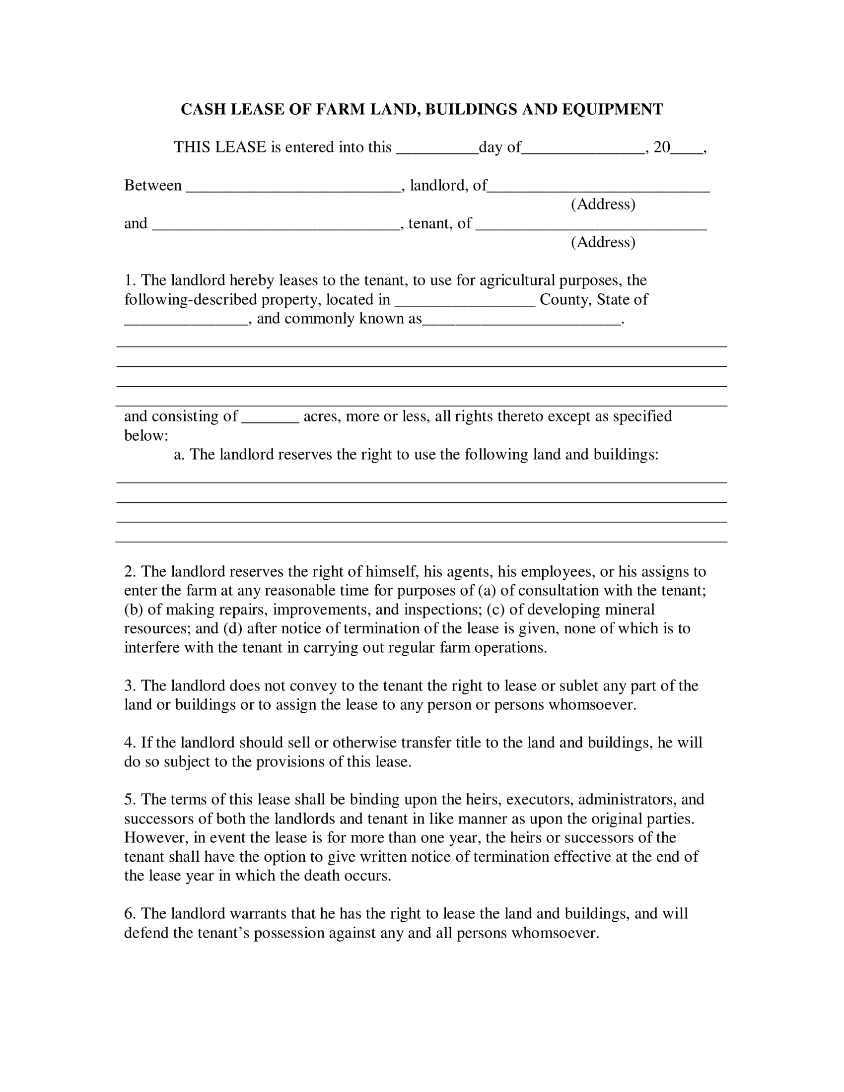 Printable Simple Farm Land Lease Agreement Form