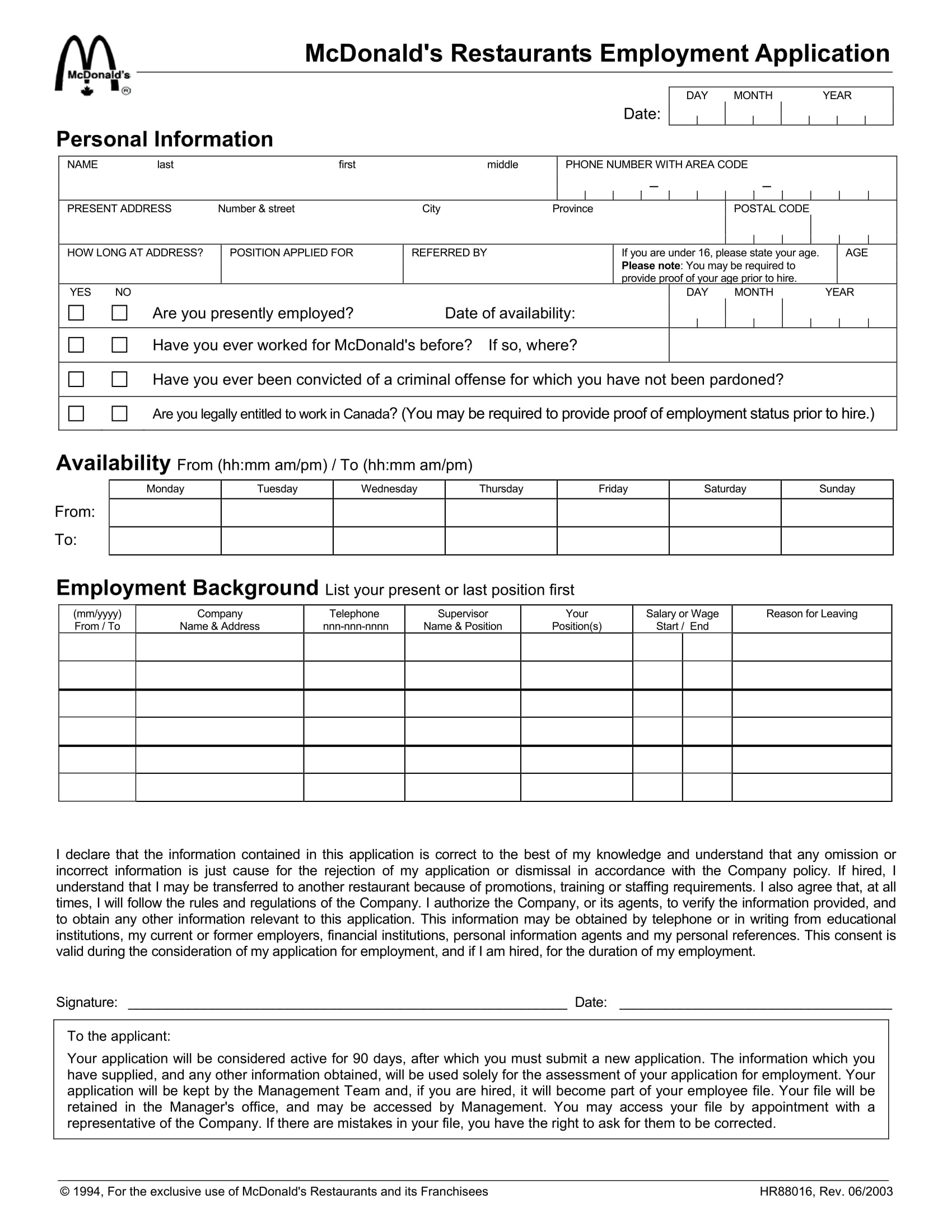 fastfood restaurant employment application form 1