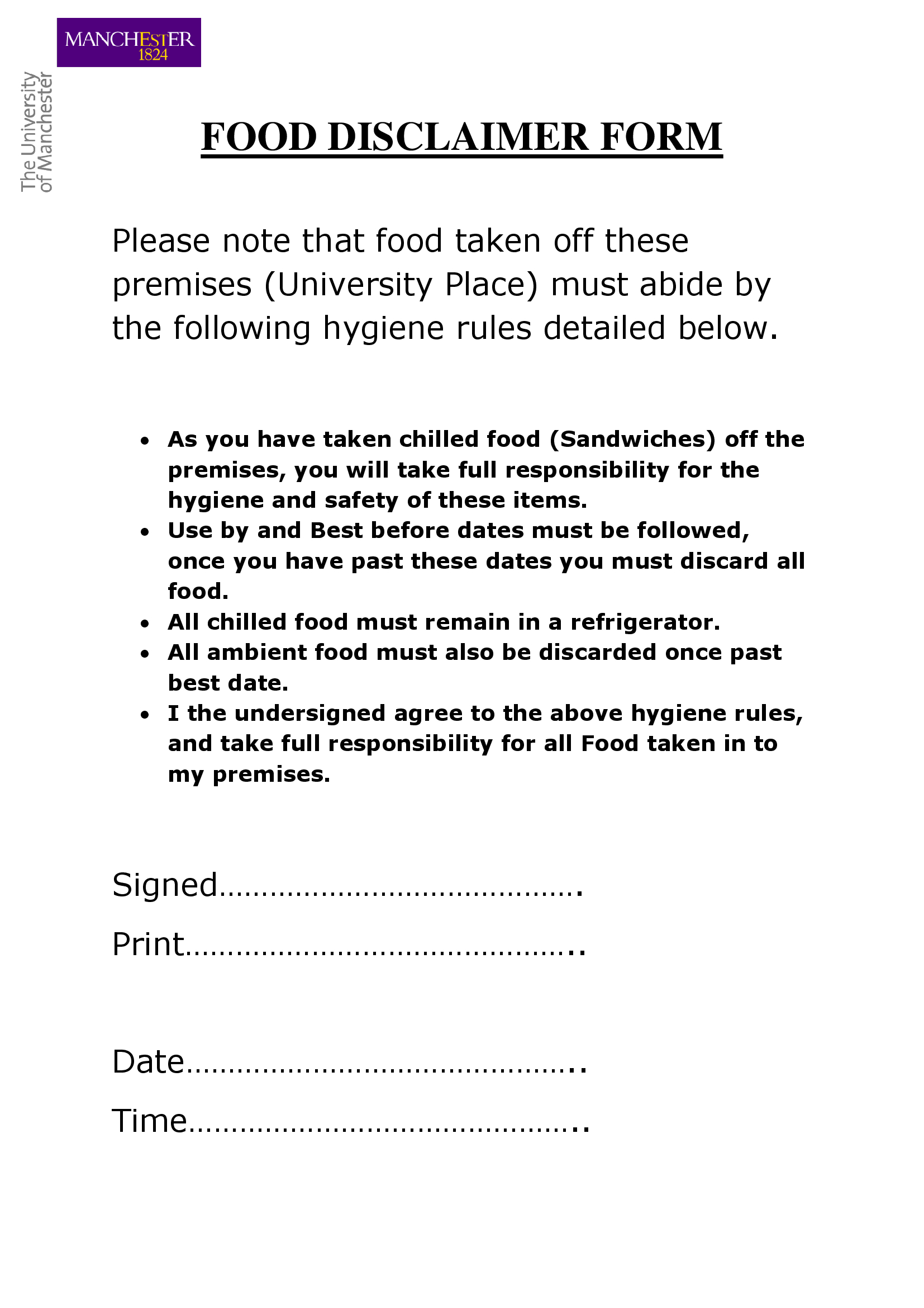 Food Disclaimer Form in Doc