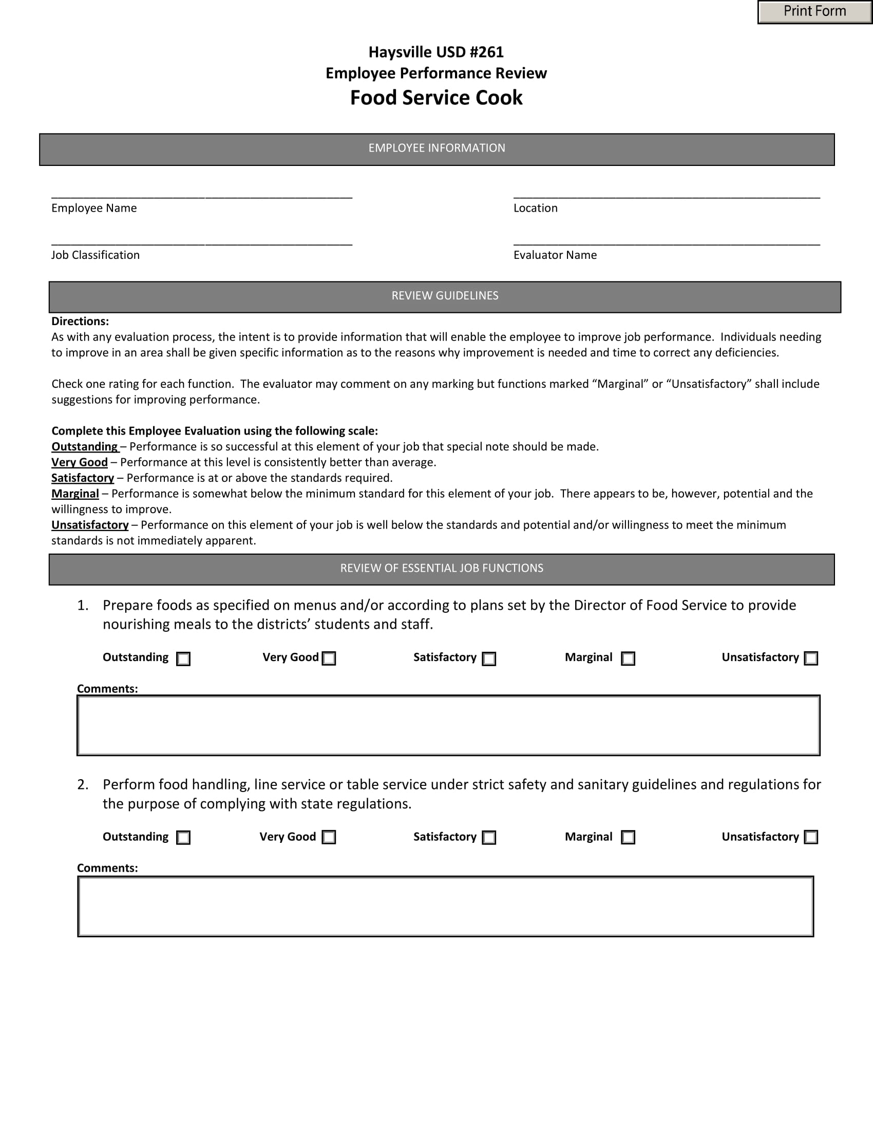 food service cook performance evaluation form 1