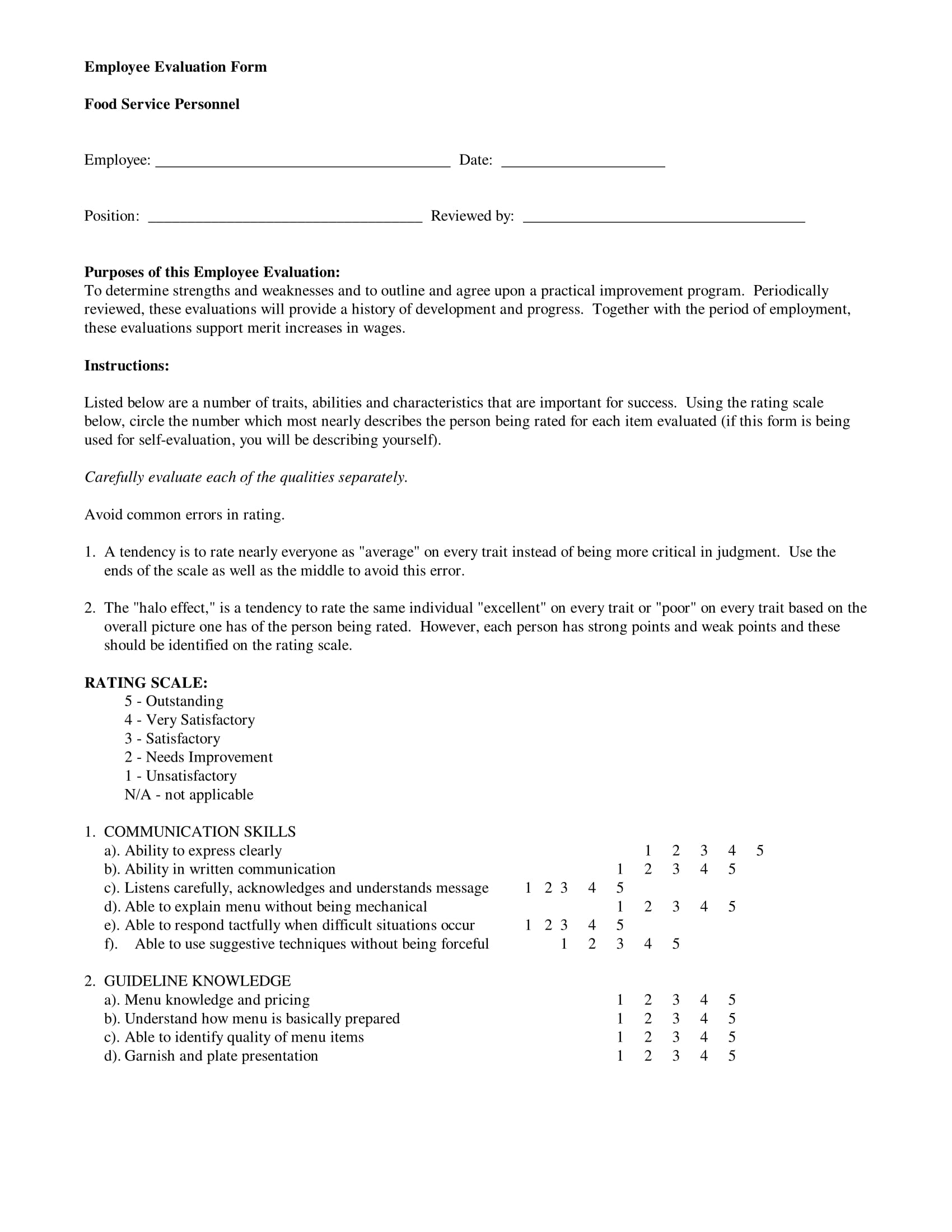 food service personnel evaluation form 1