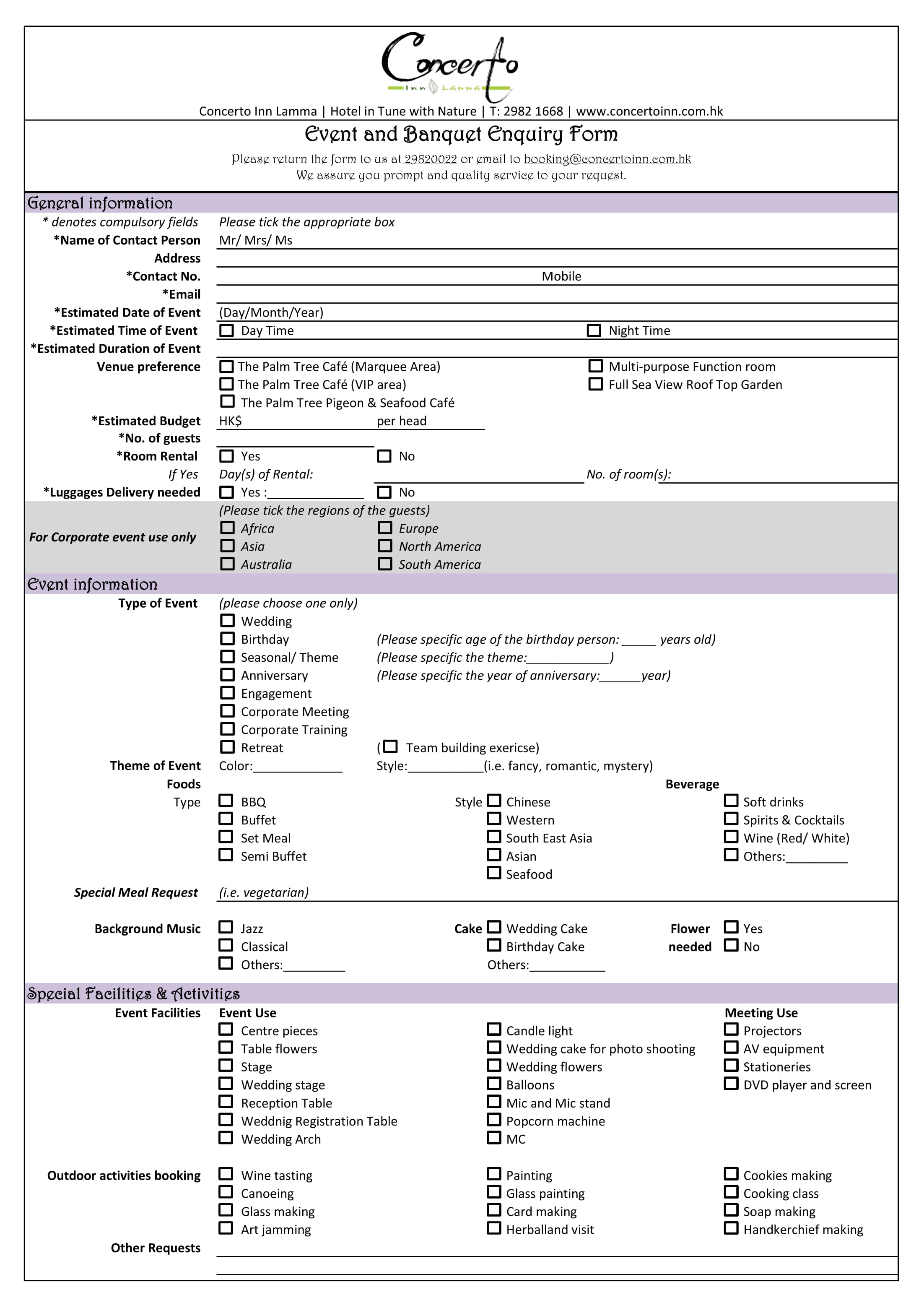 hotel restaurant banquet enquiry form 1