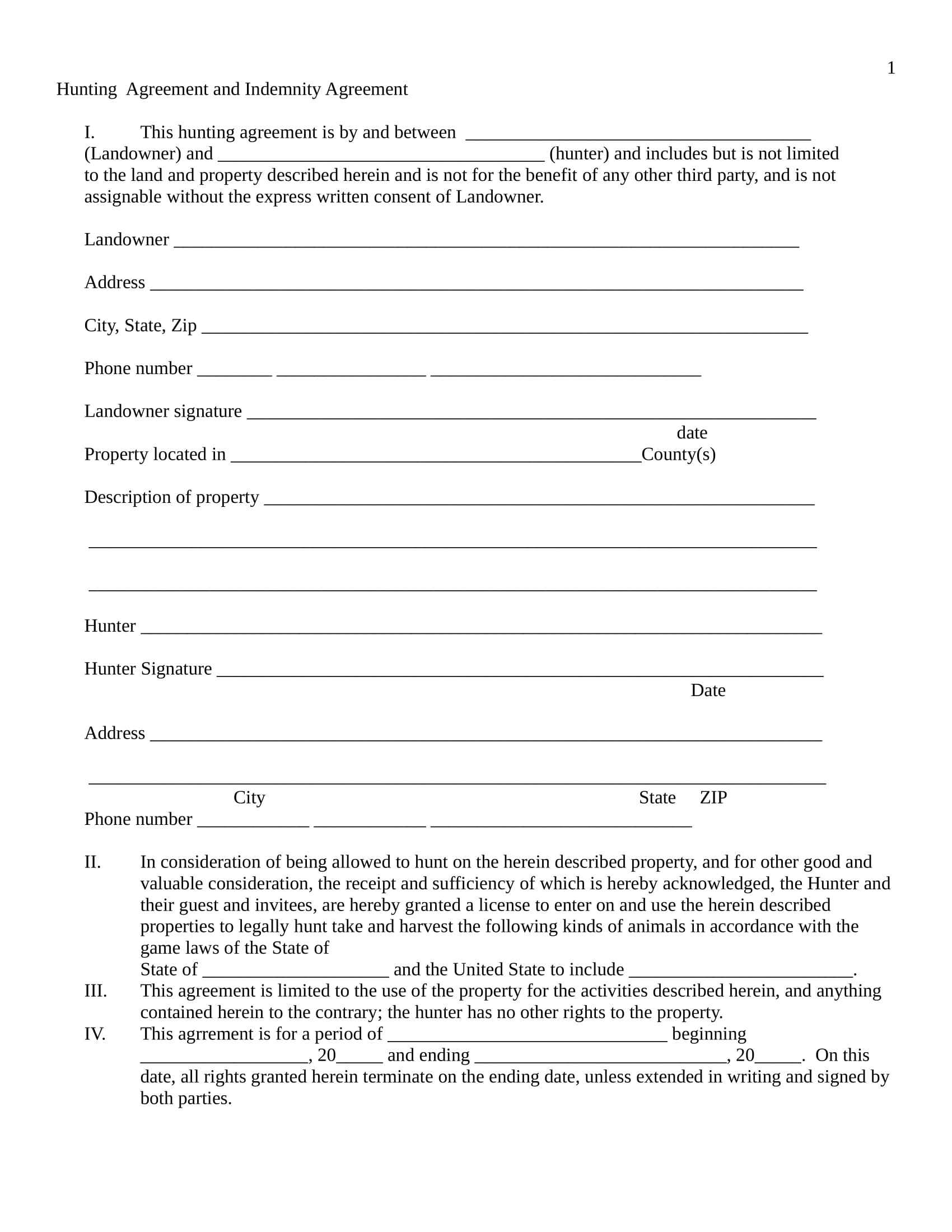 hunting agreement contract form in doc 1