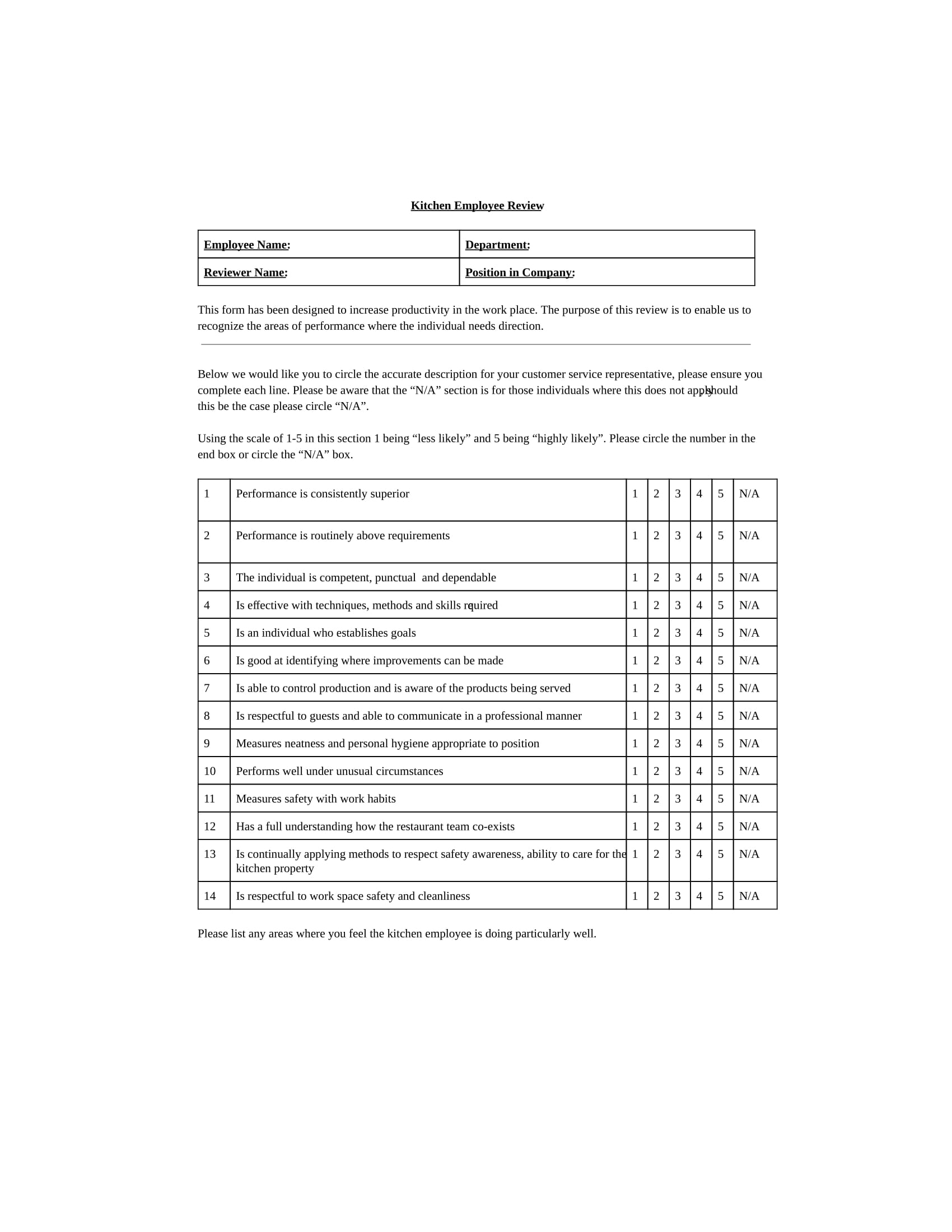 Free 7 Restaurant Employee Evaluation Forms In Pdf Ms Word 6629