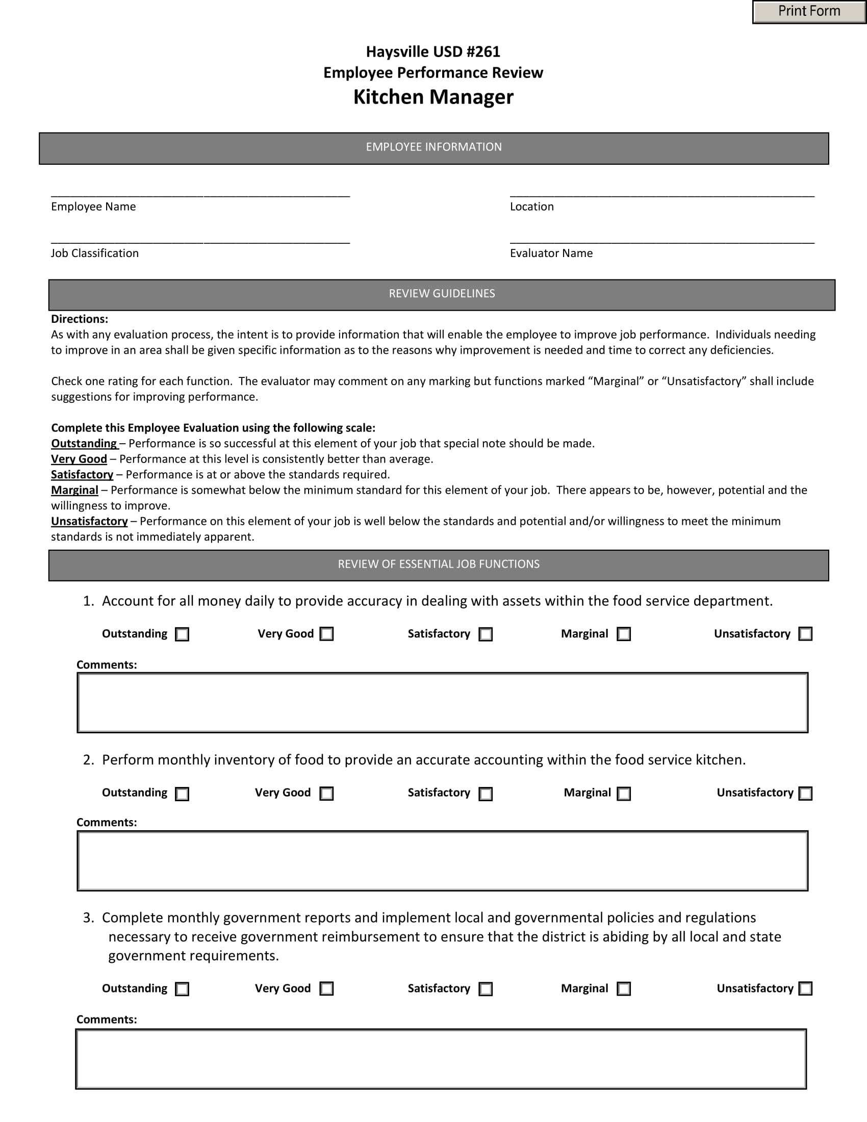 kitchen manager evaluation form 1