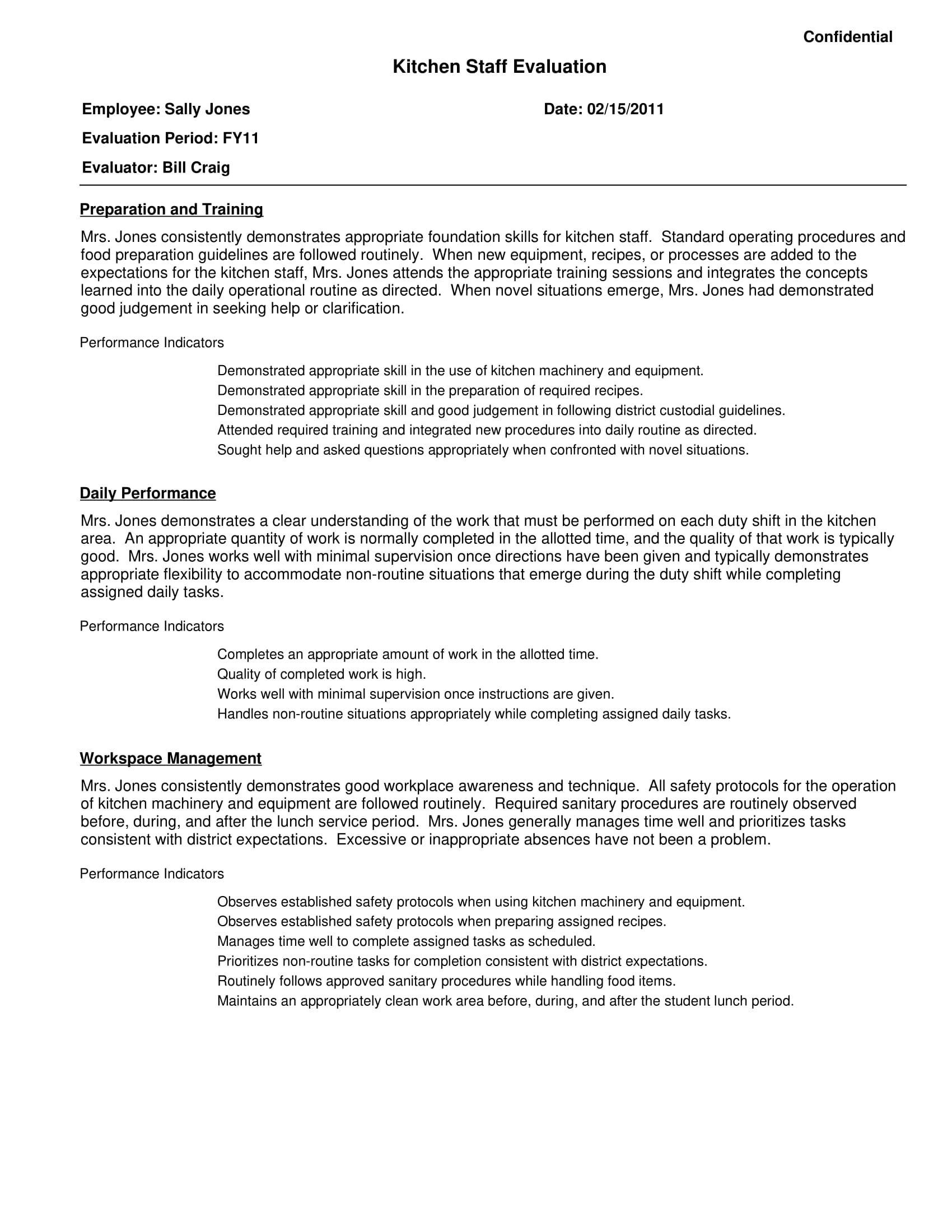 kitchen staff evaluation sample template 1