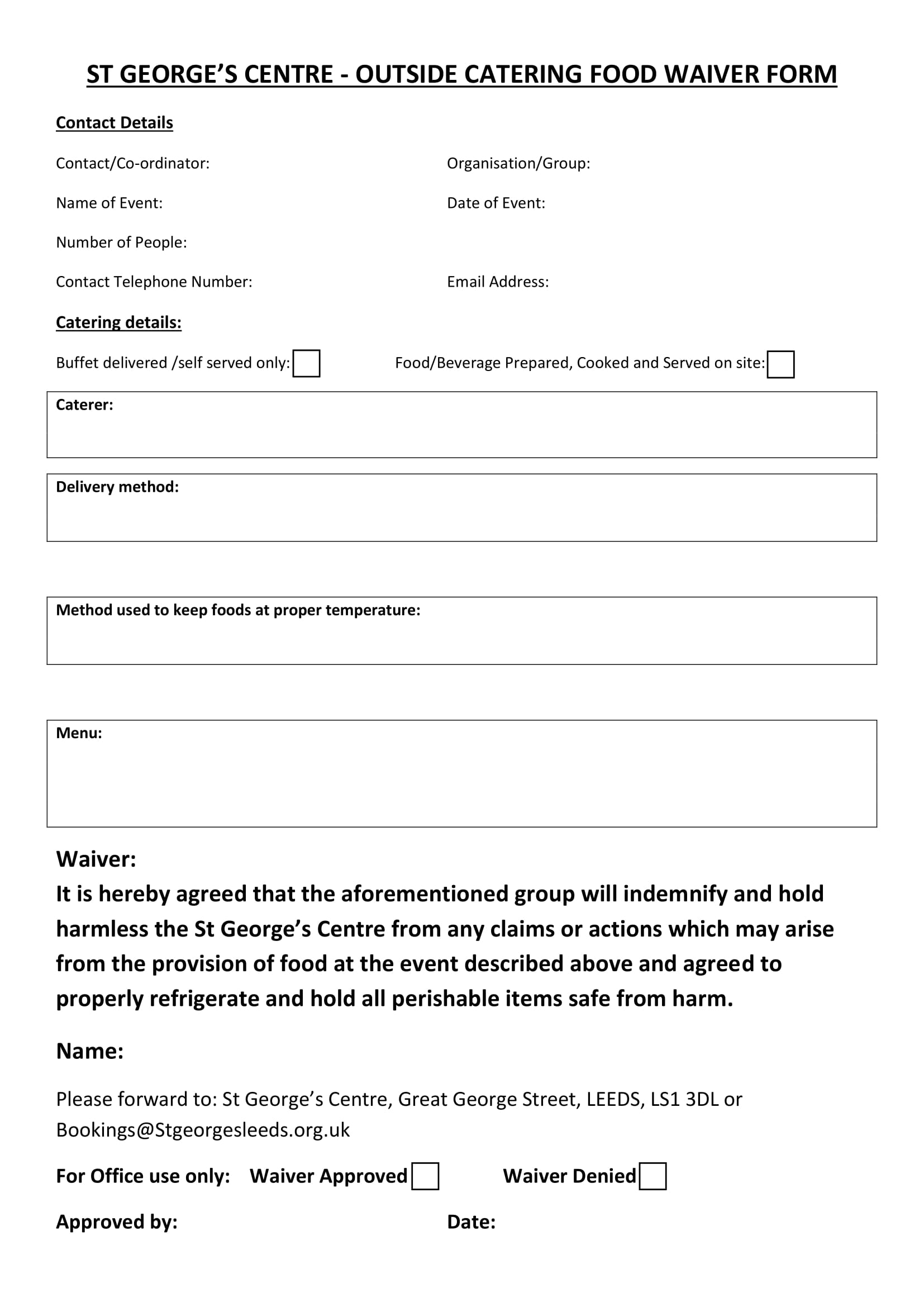 outside catering food waiver form 1