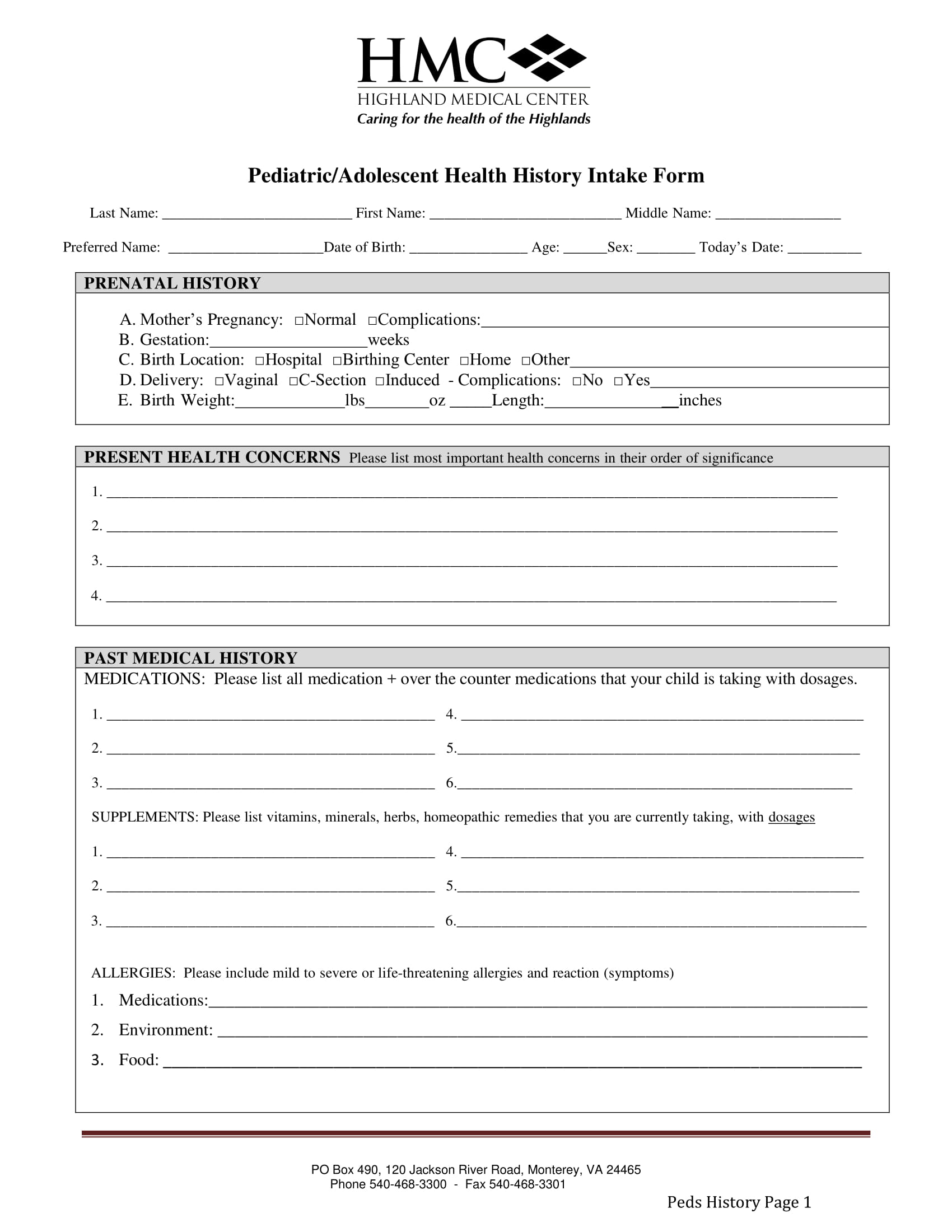 pediatric health history intake form 1