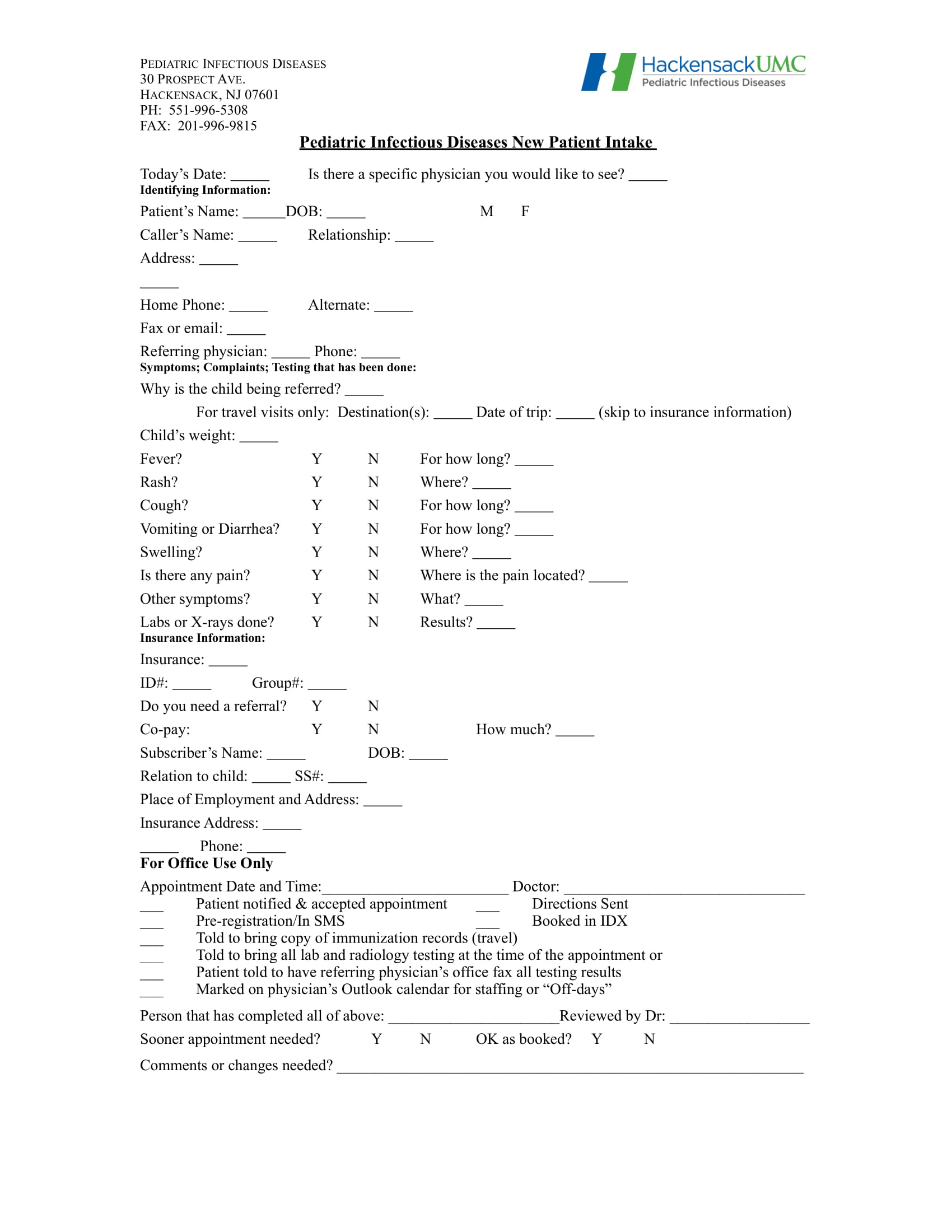 pediatric infectious diseases patient intake form 1