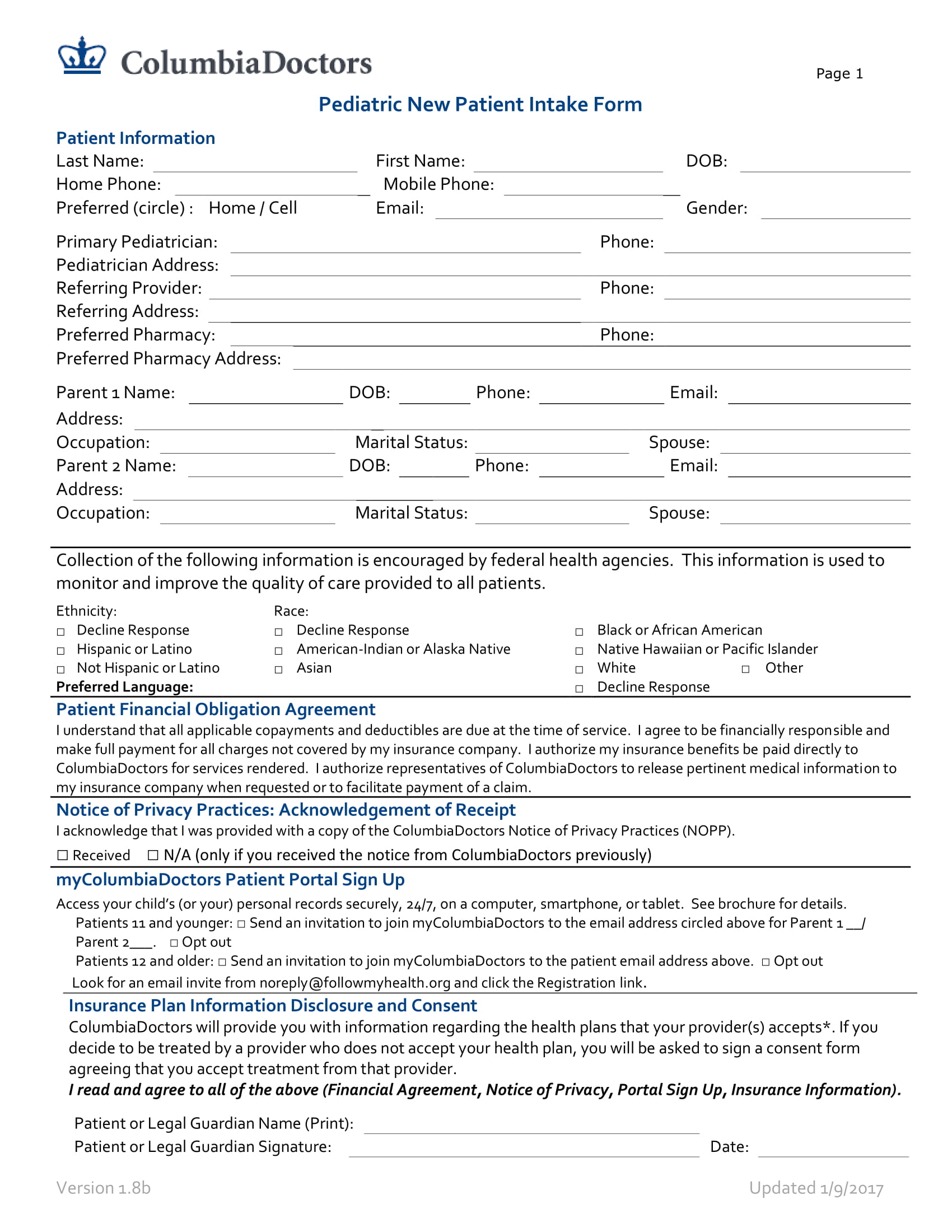 Pediatric Intake Form Template