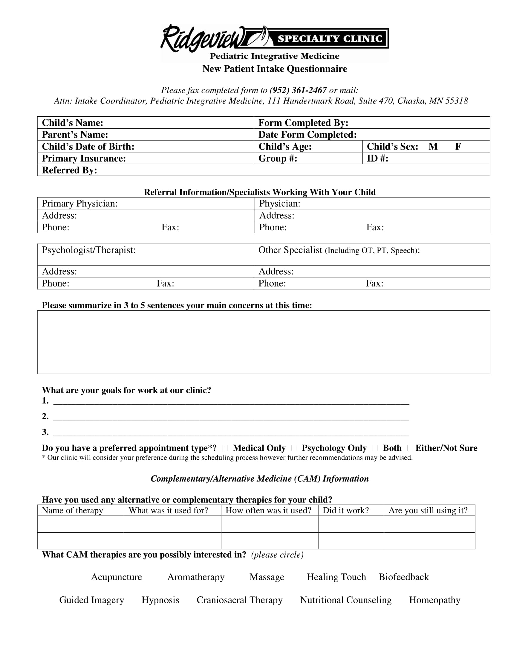 pediatric patient intake questionnaire form 1