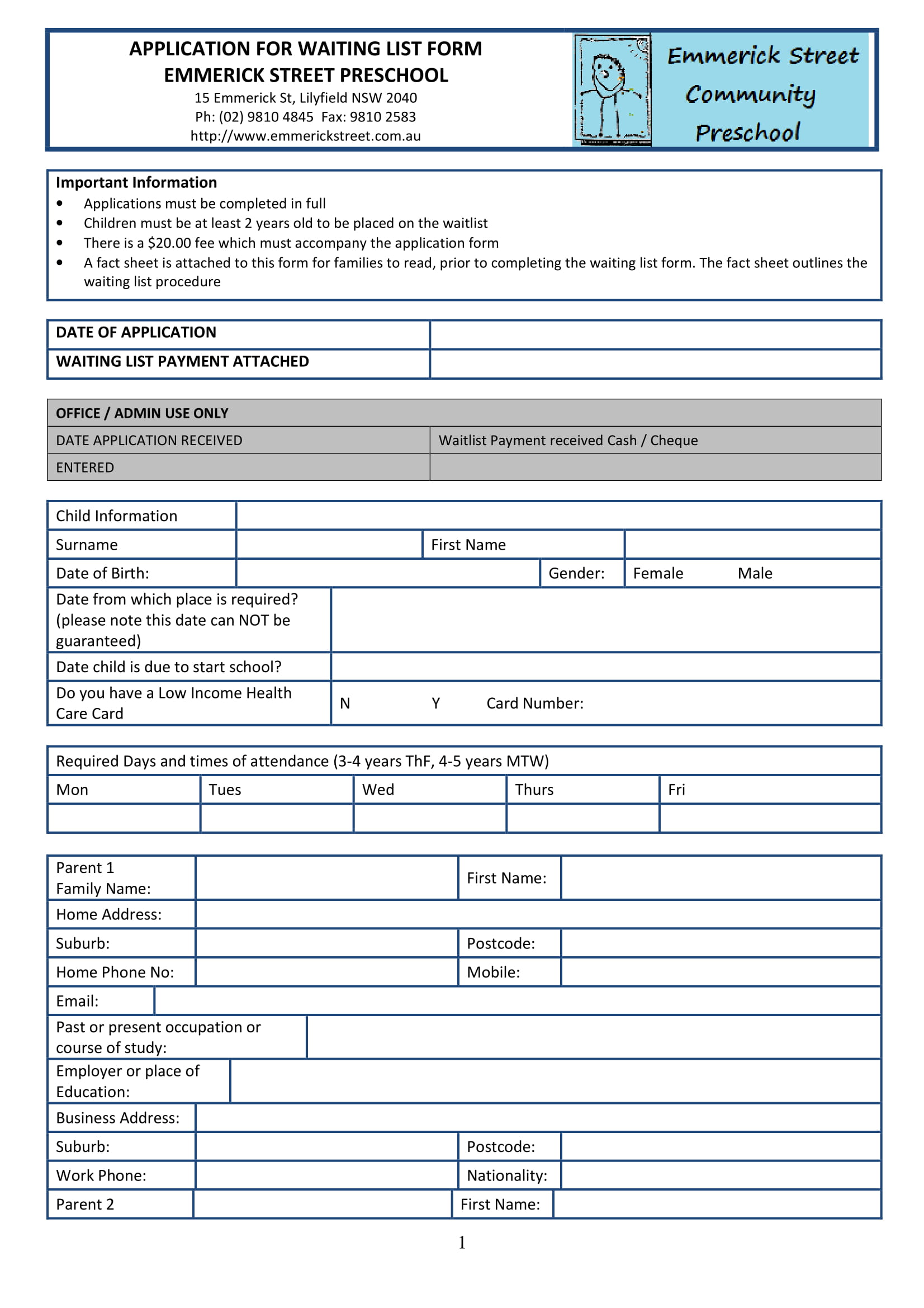 preschool waiting list application form 1
