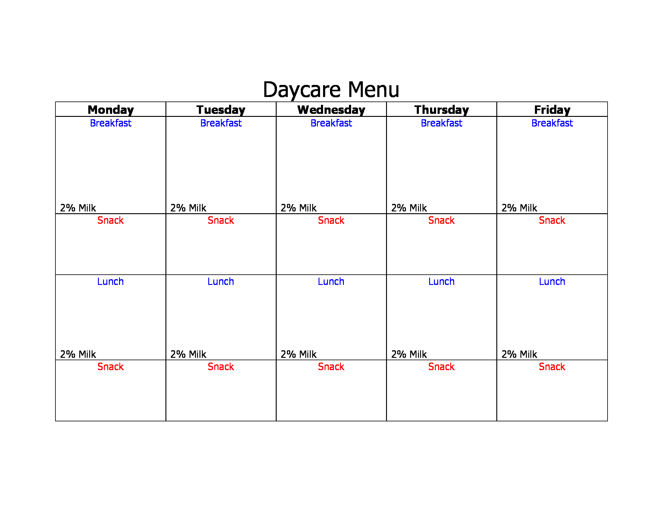 printable blank daycare menu form