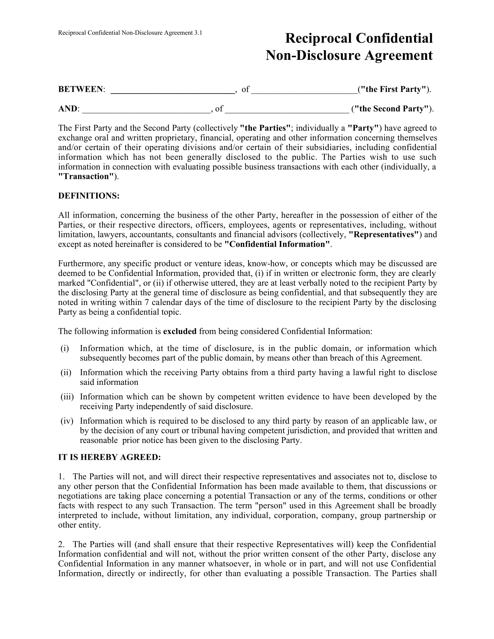 reciprocal confidentiality agreement form sample 1