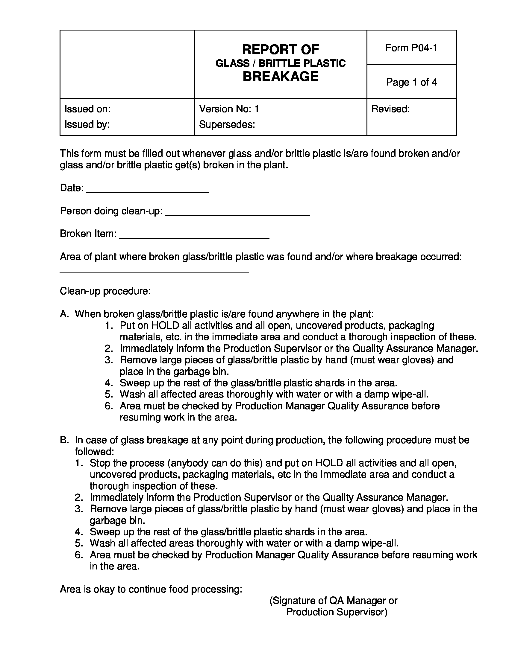 report of glass breakage form 1