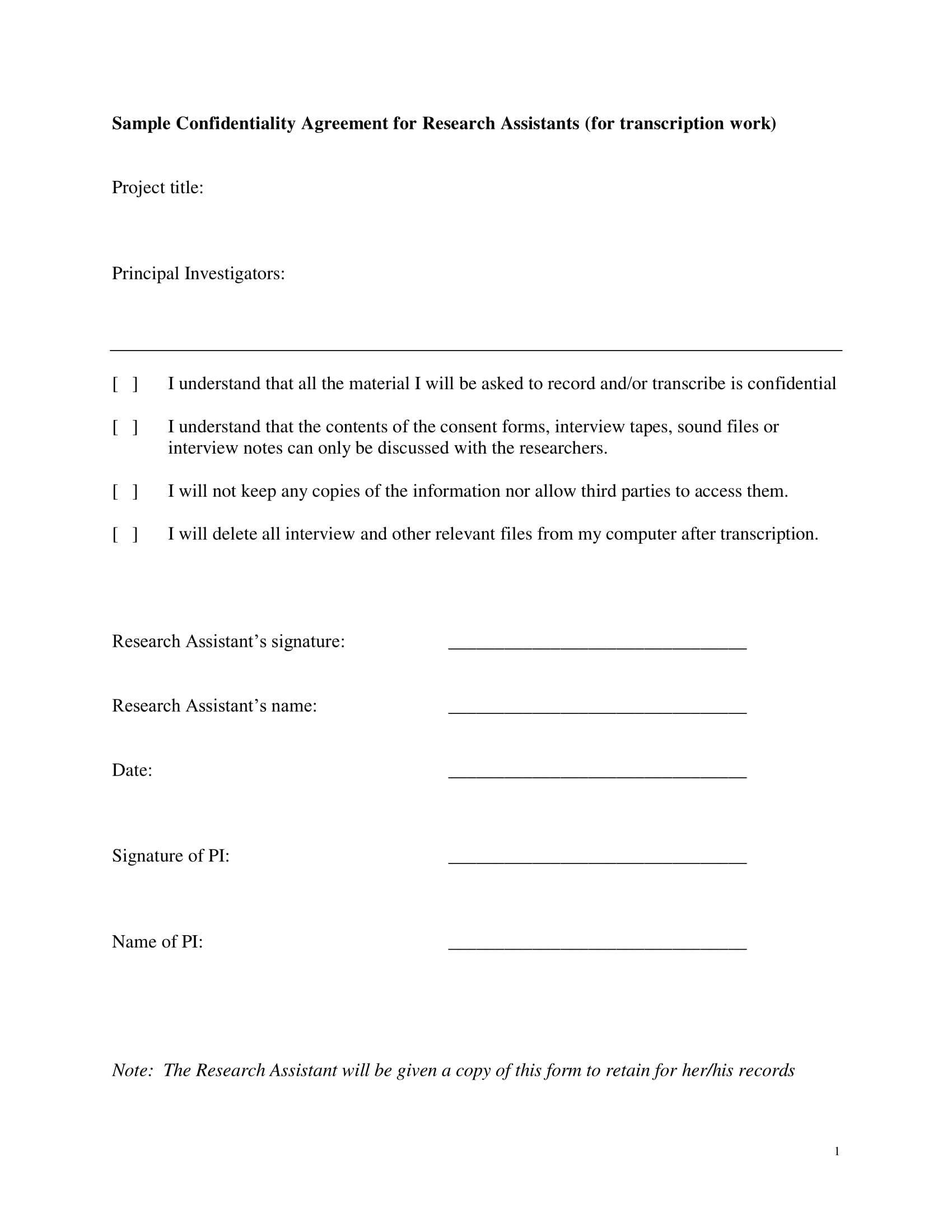research assistant confidentiality agreement form 1