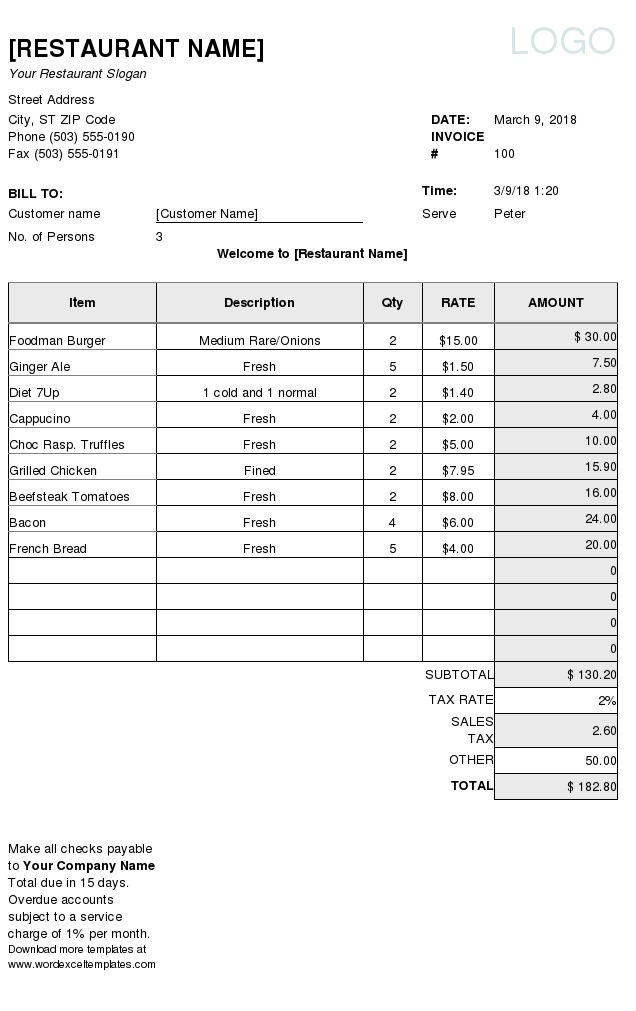 restaurant bill format in excel