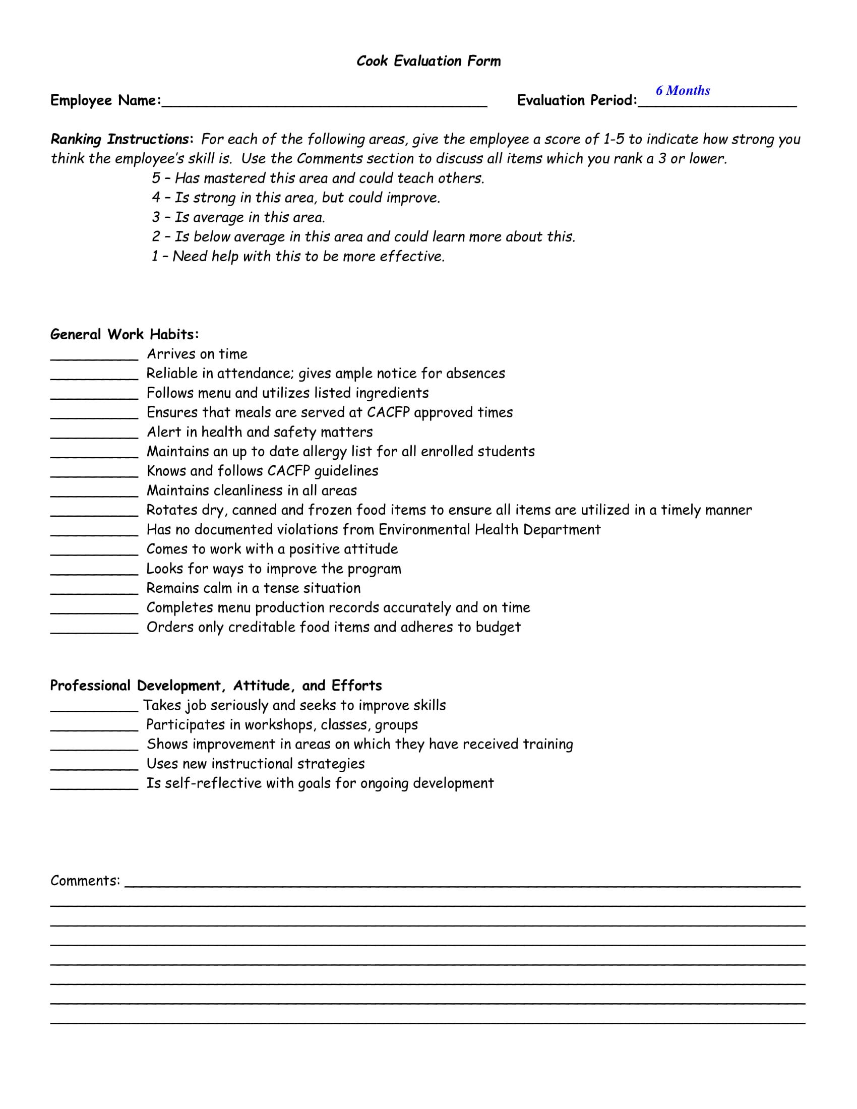 restaurant cook evaluation form 1