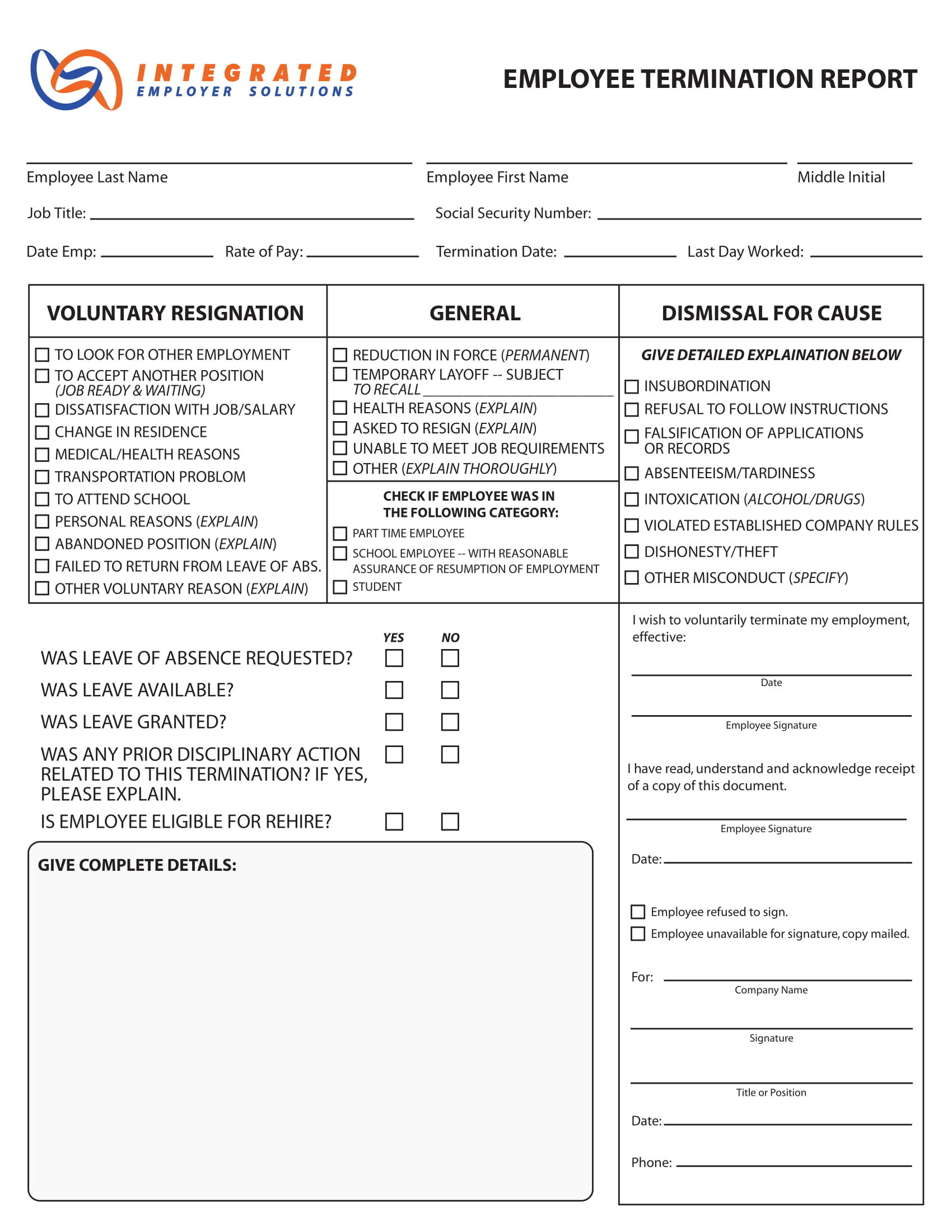 restaurant employee termination report form 1