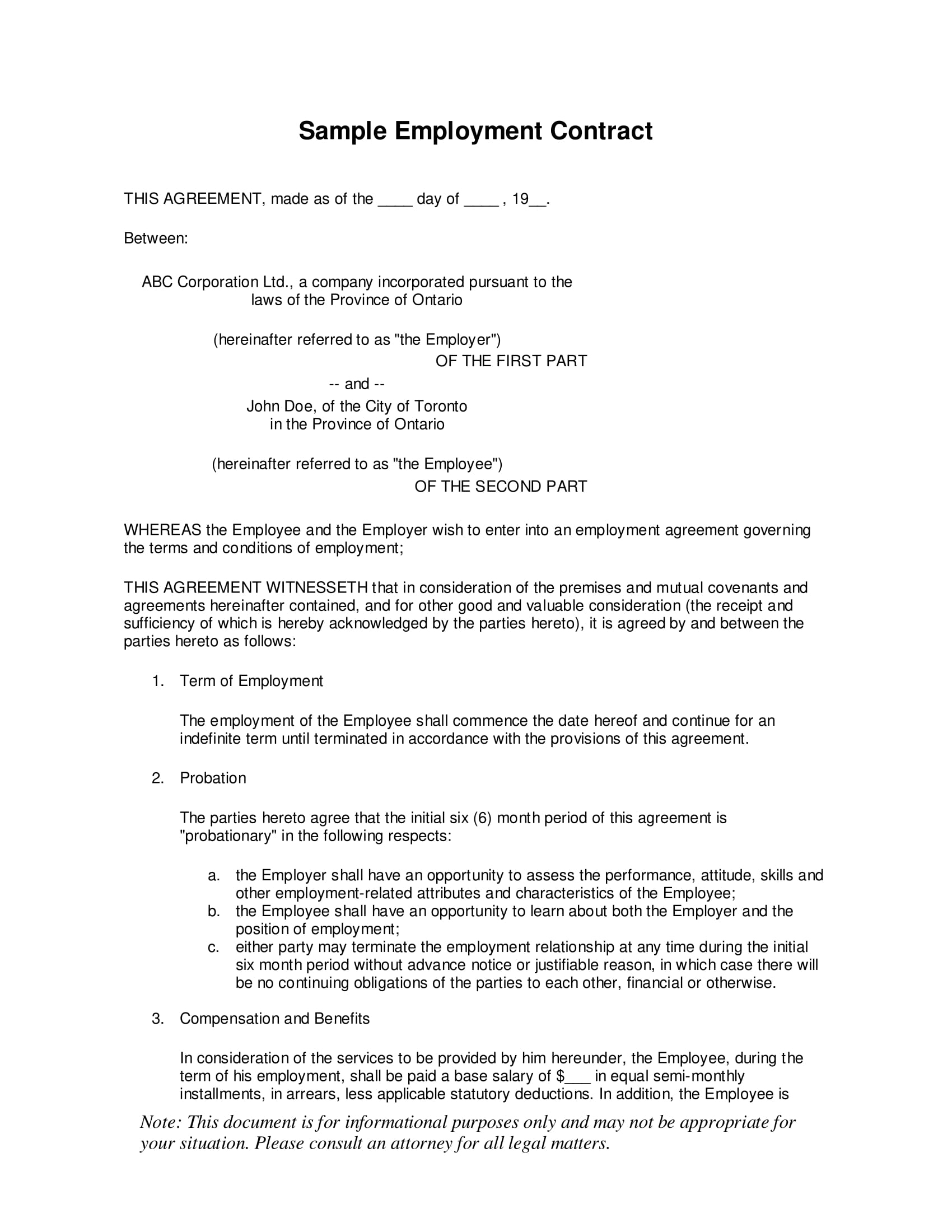 restaurant employment contract sample 1