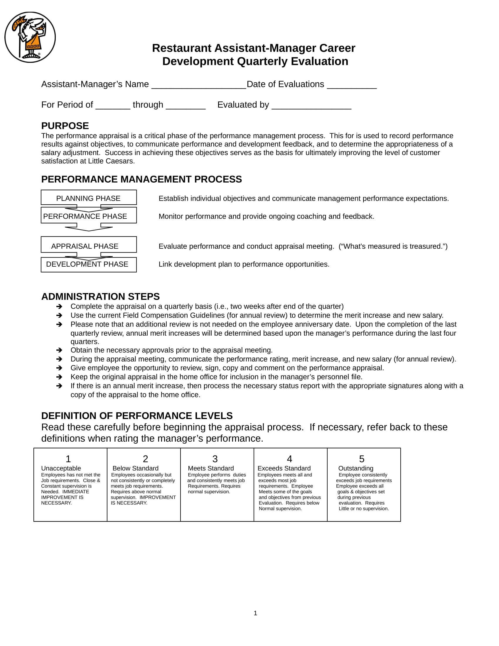 restaurant manager quarterly evaluation form 1