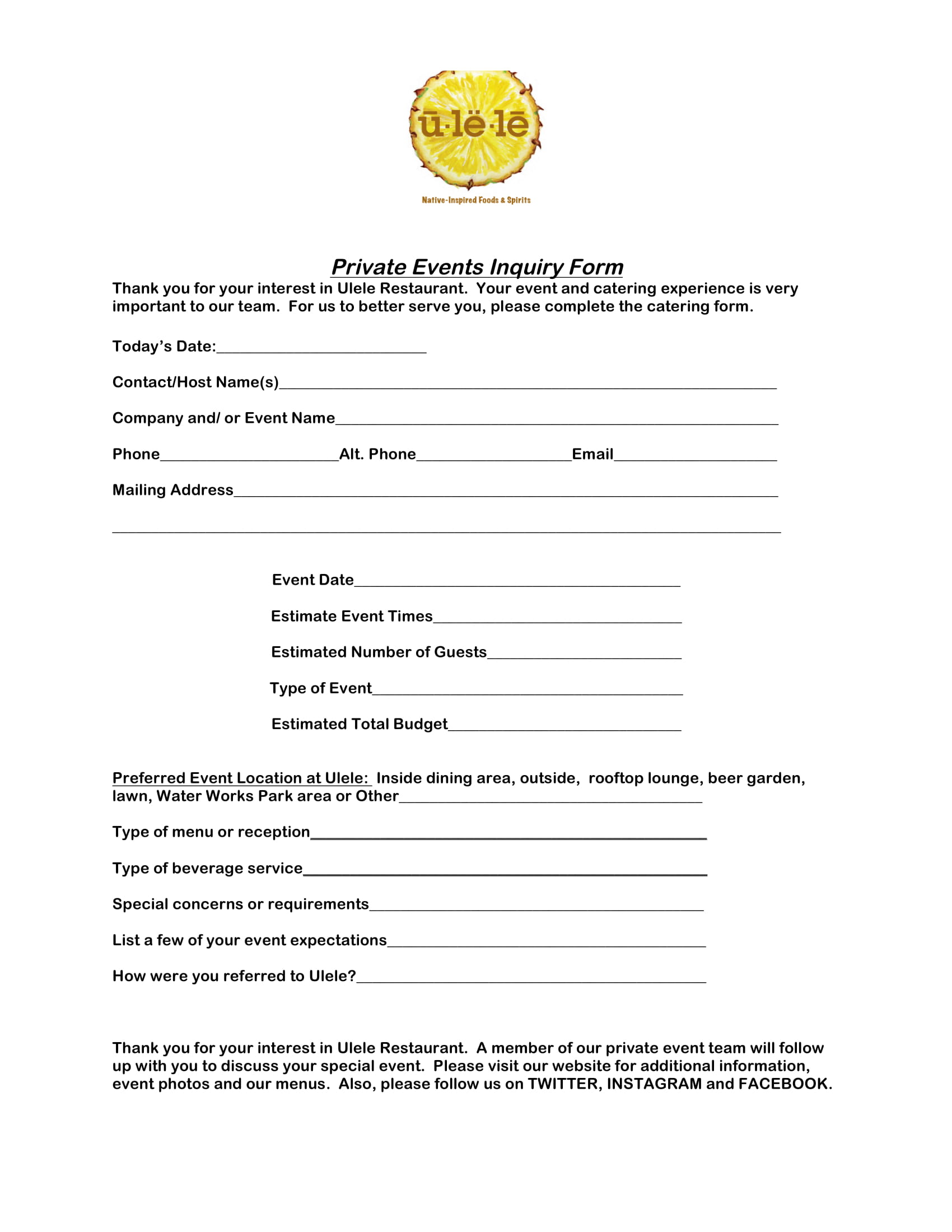 FREE 5 Restaurant Enquiry Forms In PDF
