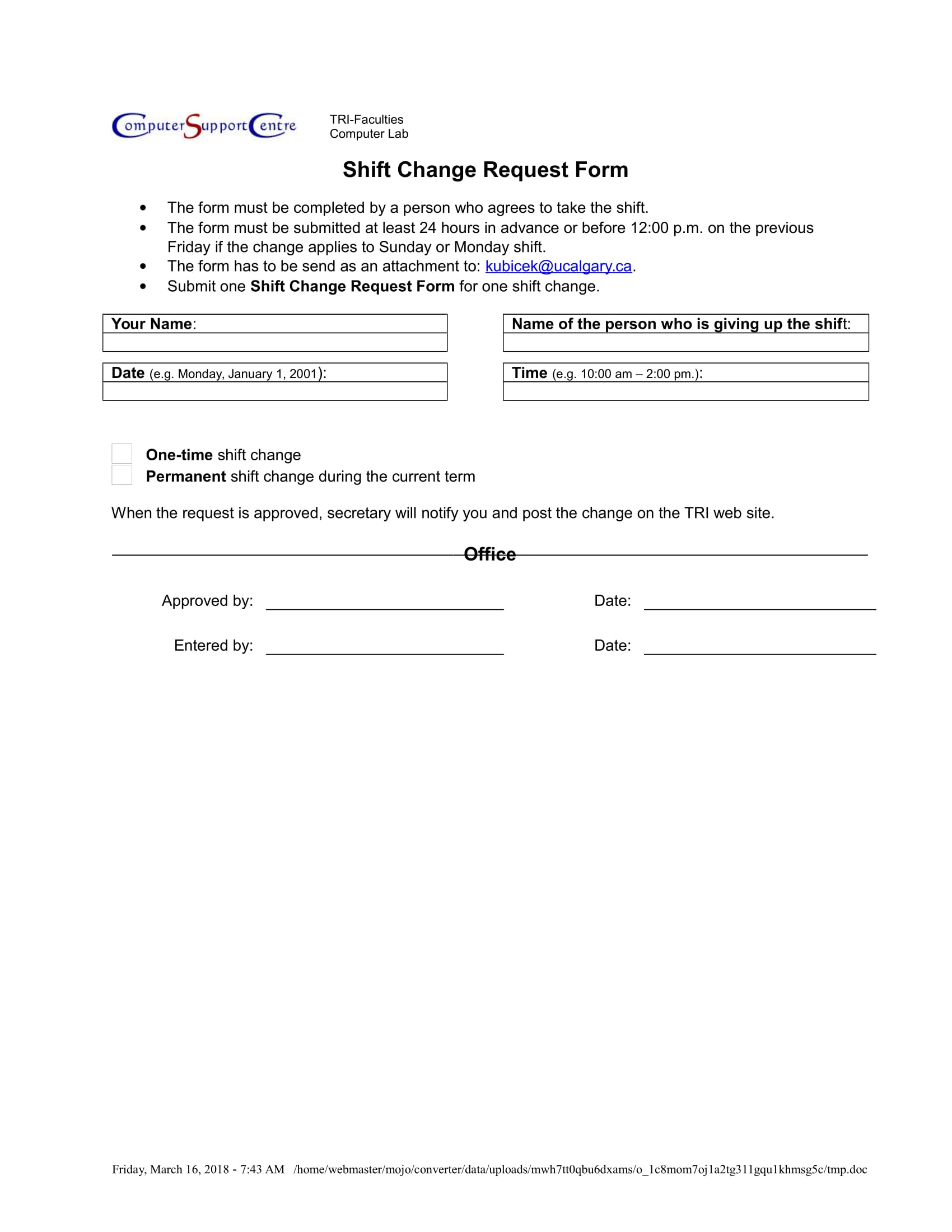 shift change request form in doc 1